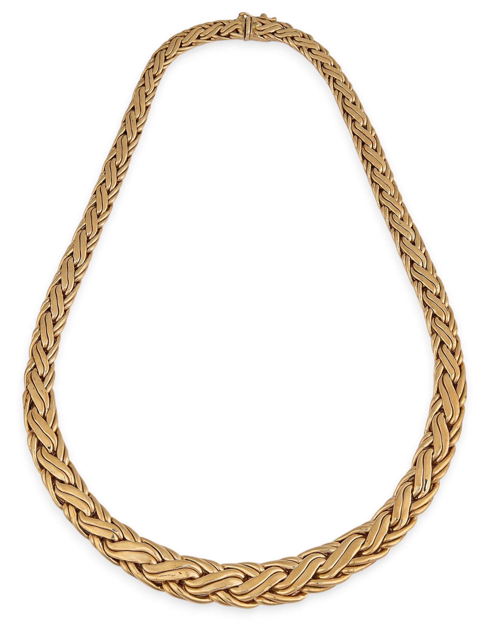 Red McCombs | 14K Fancy Braid Tapered Necklace: 14K yellow gold fancy braid tapered necklace, with open box clasp, marked "Z&F 14K" Length: 16 1/8 in. Total weight: 40.4 g