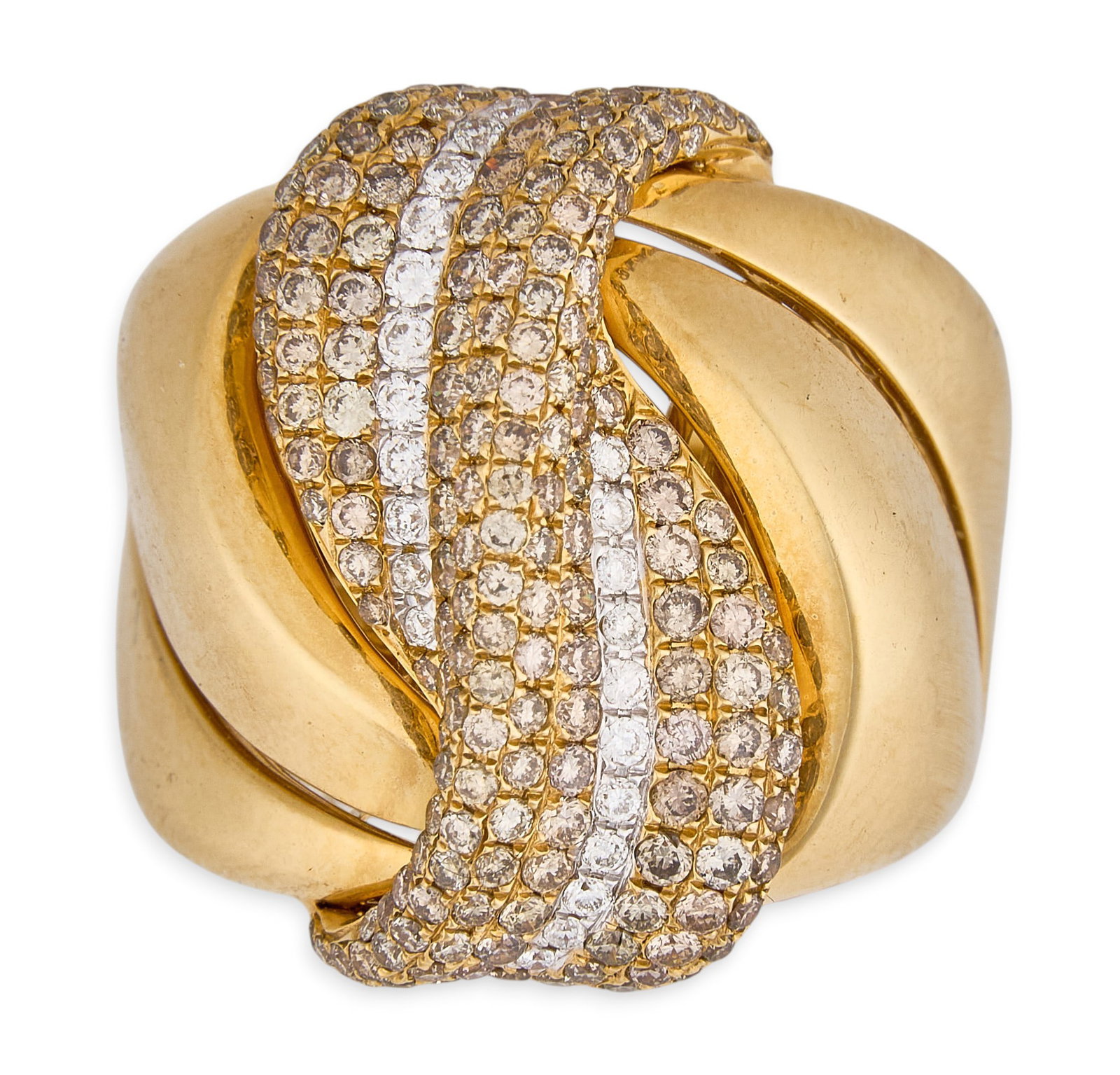 Red McCombs | 18K Fancy Swirl Diamond Ring: 18K gold ring featuring pave diamonds set in dimensional swirl top, approximately 1.96 total carat weight, on a sculpted 18K tapered band, marked "D194 18K" Size: 6 Total weight: 1