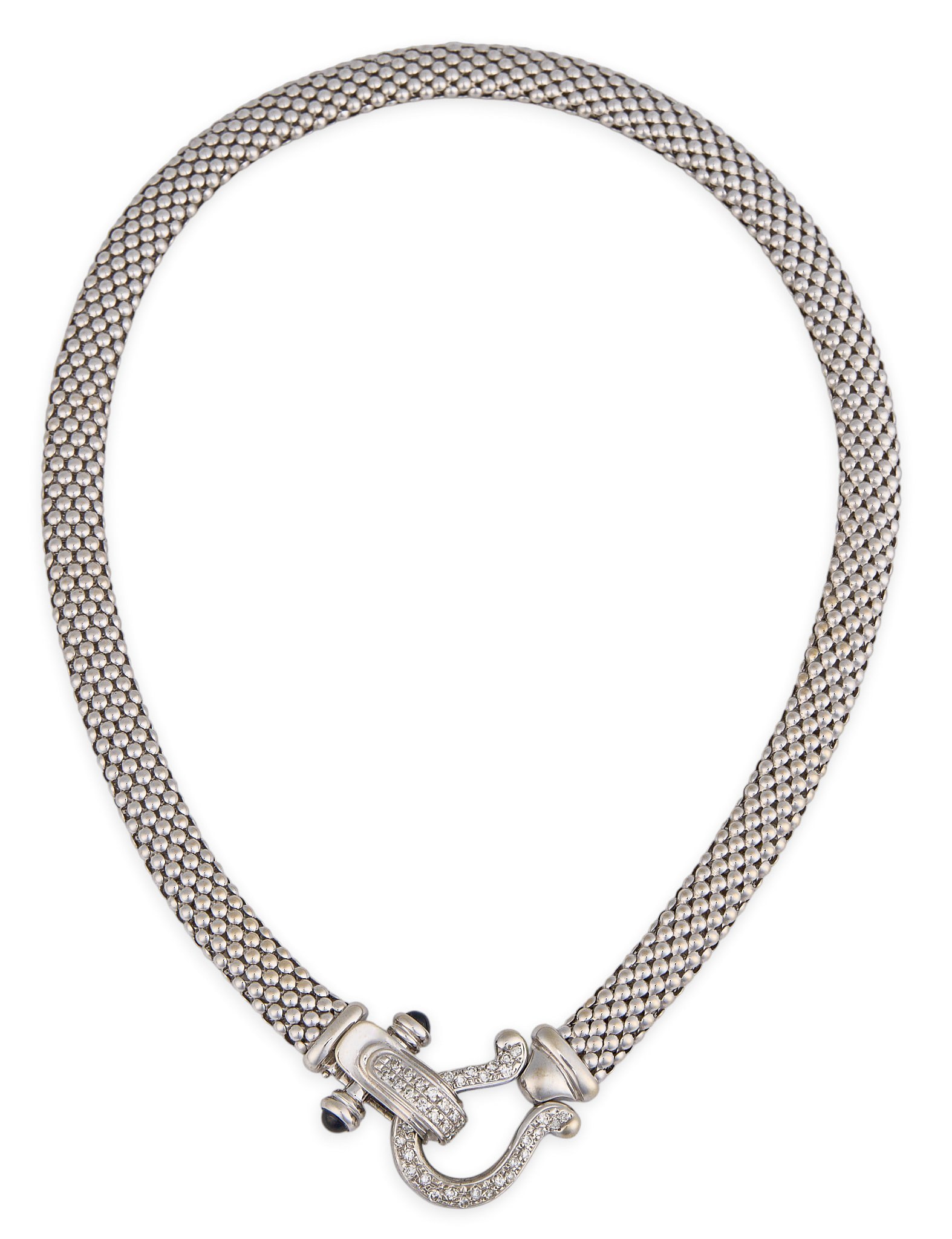 Red McCombs | 14K Diamond Buckle Choker: 14K white gold beaded mesh choker necklace, featuring buckle motif set with round brilliant-cut pave diamonds, accented by two small onyx cabochons, marked "14K RS" near clasp Length:&n