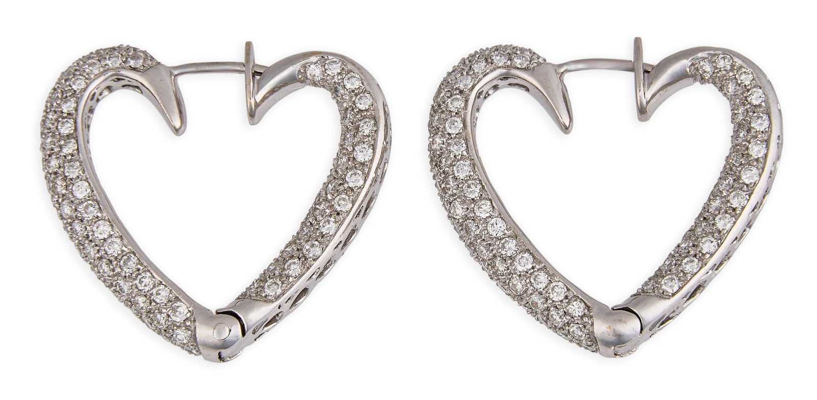 Red McCombs | 18K Pave Diamond Heart Hoop Earrings: Pair of 18K white gold hinged heart-shaped reversible hoop earrings, set with round brilliant-cut diamonds in pave setting, pierced post, marked "750" Size: 1 in. / length Total weight: