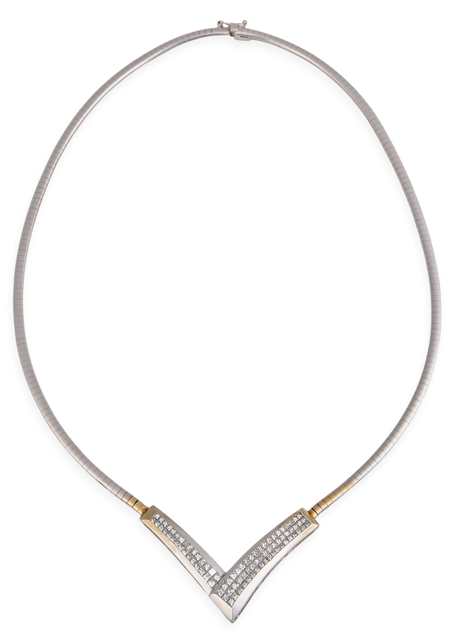 Red McCombs | 14K Diamond "V" Necklace: Italian 14K white gold necklace with central "V" panel set with square channel-set diamonds, on Omega chain, marked "14Kt Italy" Length: 18 in. Total weight: 26