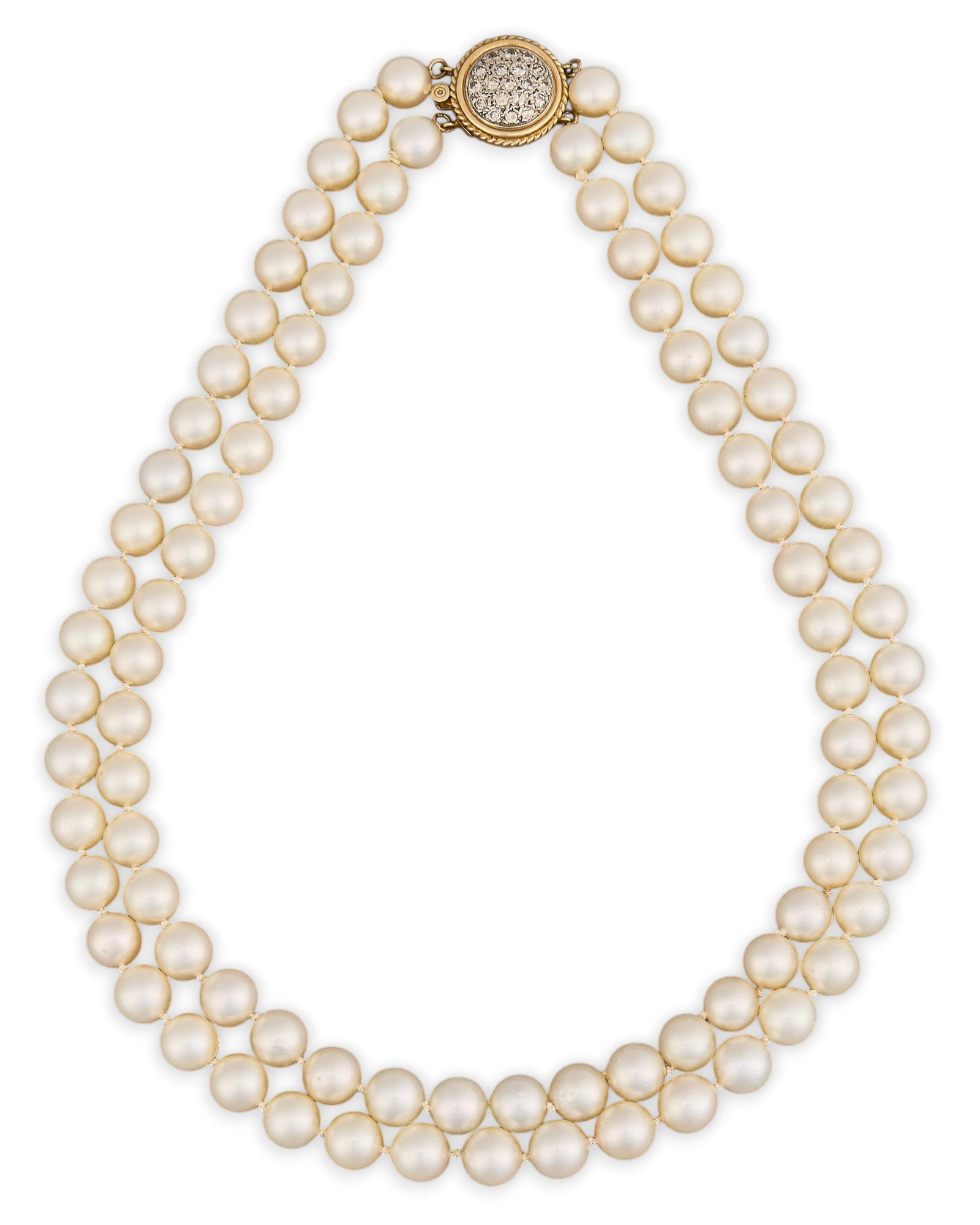 Red McCombs | Double Strand Pearl Diamond Necklace: Double strand cultured pearl necklace with 14K gold and pave diamond clasp, approximately 8-9 mm pearls, clasp marked "14K" Length: 16 in. Total weight: 74.3 g Provenance: Pro