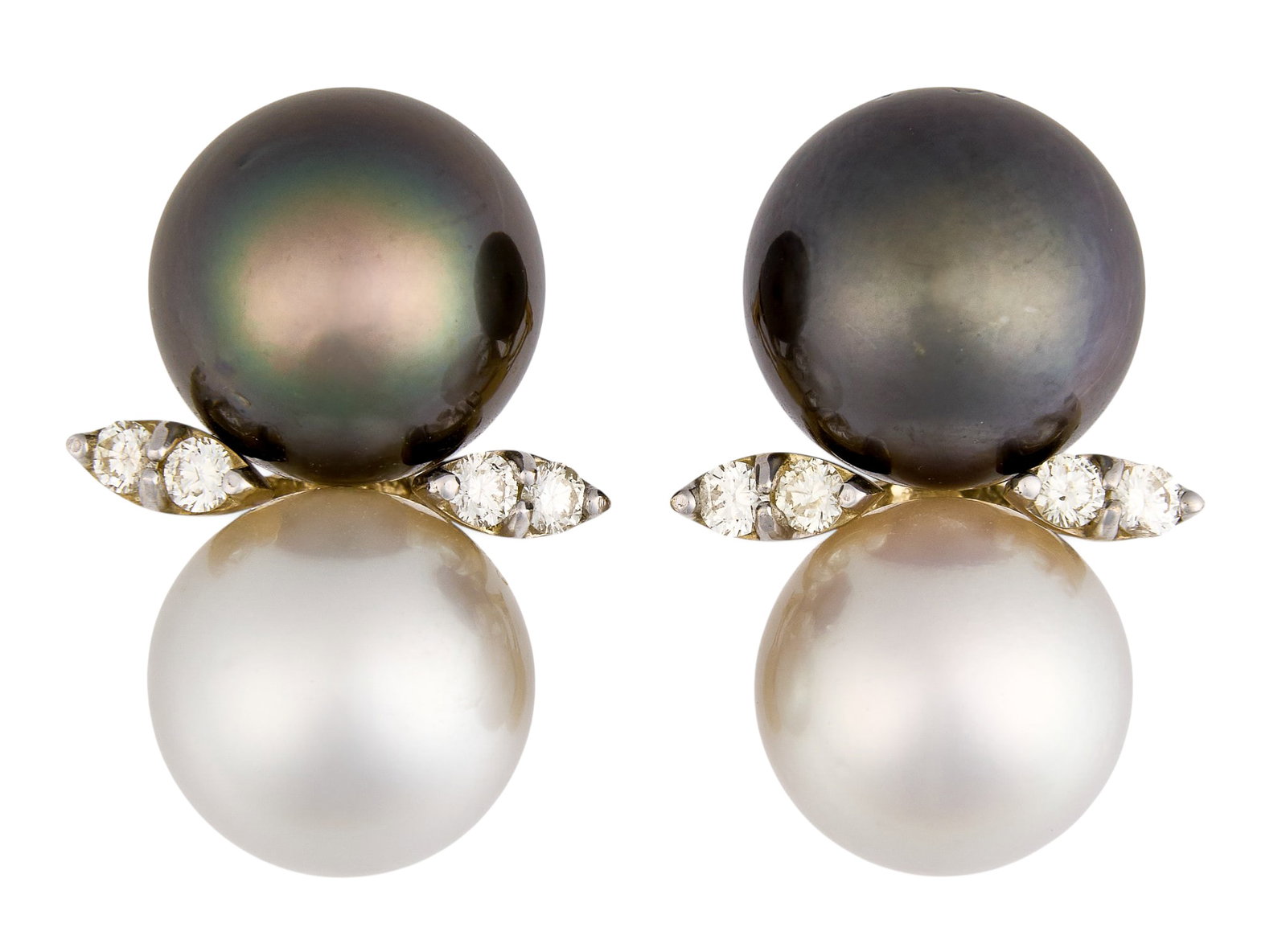 Red McCombs | 18K Tahitian Pearl Diamond Earrings: Pair of 18K gold double pearl clip-on earrings, featuring vertically set Tahitian and white pearls, approximately 13-15 mm, framed by round brilliant-cut diamonds Size: 1 1/8 in. / length Total weigh: