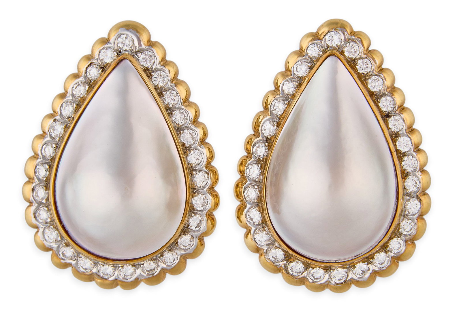 Red McCombs | 18K Mabe Pearl Diamond Earrings: Pair of 18K gold clip-on earrings set with pear-shaped mabe pearls, and halo of round brilliant-cut diamonds, with 14K gold clip-on hardware, marked "18K" and "14K" respectively Si