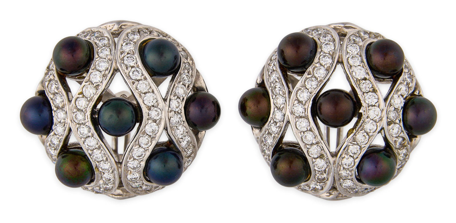 Red McCombs | 14K Tahitian Pearl Diamond Earrings: Pair of 14K gold reticulated dome earrings, set with Tahitian pearls, approximately 5-6 mm, accented by pave diamonds, marked "14K" Size: 1 in. / diameter Total weight: 