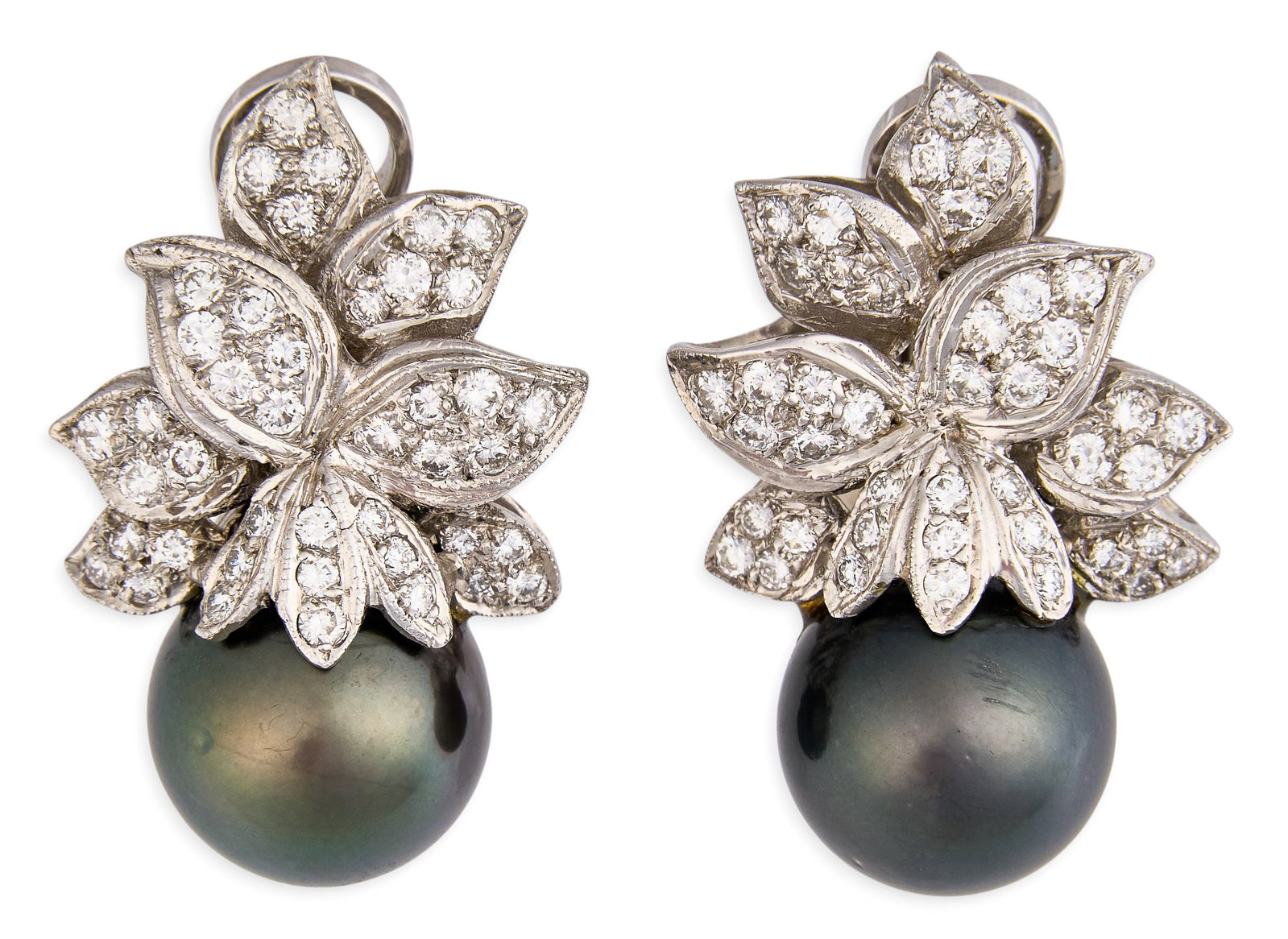 Red McCombs | Tahitian Pearl Pave Diamond Earrings: Pair of 18K white gold clip-on earrings set with pave diamond in floral design, above approximately 13-14mm Tahitian pearls, marked "18K" Size: 1.25 in. / length Total weight: 25.3