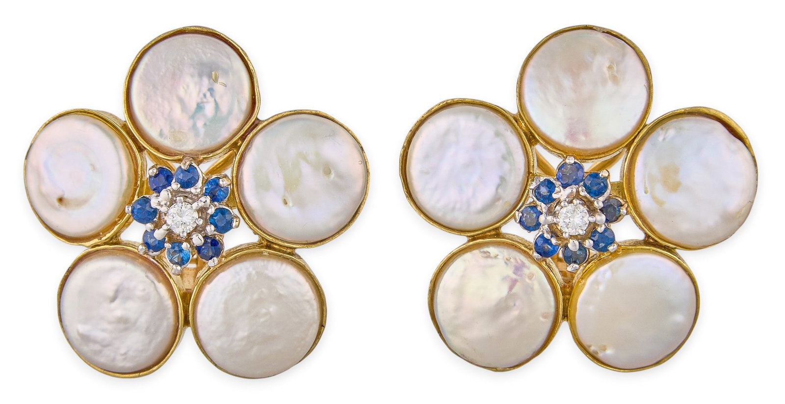 Red McCombs | 18K Coin Pearl Sapphire Diamond Earrings: Pair of 18K gold clip-on flower design earrings set with round brilliant-cut sapphire and diamond center, accented by coin pearls in bezel settings, marked "18K" Size: 1 1/8 in. / diame