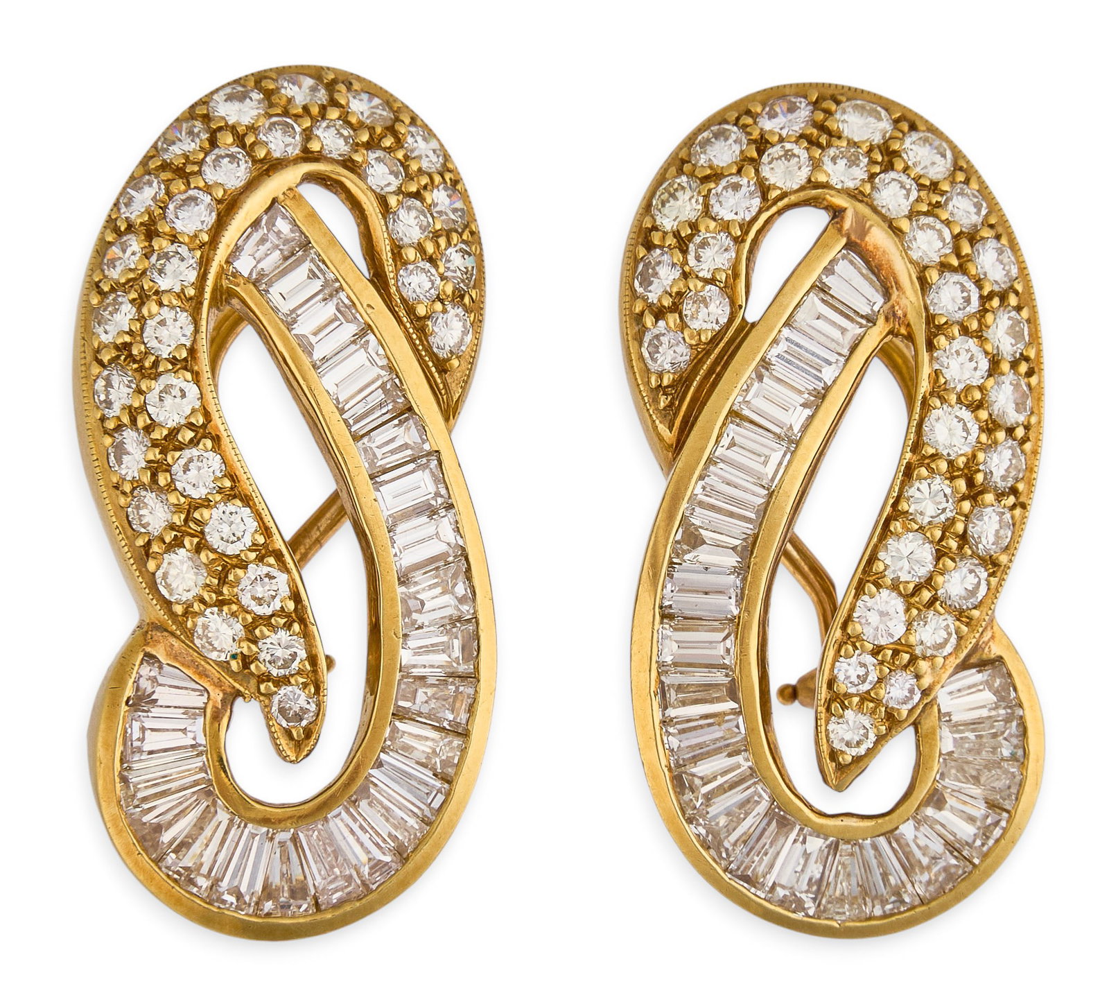 Red McCombs | 18K Diamond Earrings: Pair of 18K gold earrings, reticulated swirl design set with baguette and round brilliant-cut diamonds in pave settings, marked "18K" Size: 1 3/8 in. / length Total weight:&nb