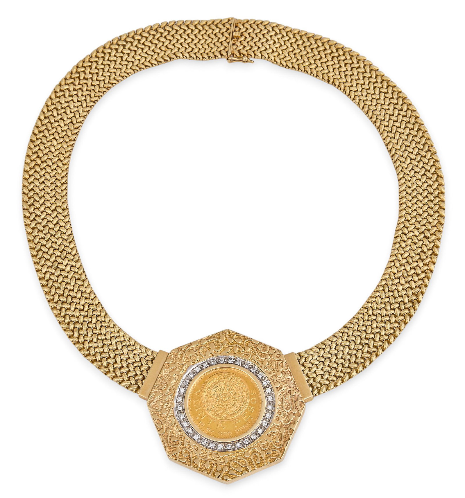 Red McCombs | 14K Mexican Coin Choker: 14K gold woven mesh choker necklace, featuring Mexican gold 20 peso coin set in a textured station medallion, framed by diamond halo, marked "14K" to clasp Length: 17 in. Total weight:&