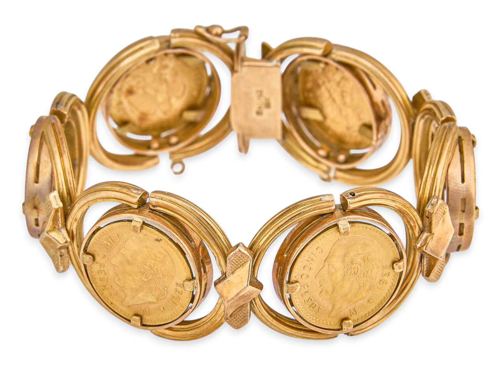 Red McCombs | 18K 5 Peso Bracelet: Bracelet composed of 18K yellow gold, bezel-set with 1950s Mexican 5 peso coins on hinged pins to swivel in 18K frame, integrated box clasp, marked "ITALMEX 18K" Length: 7 5/8 in. Total weig