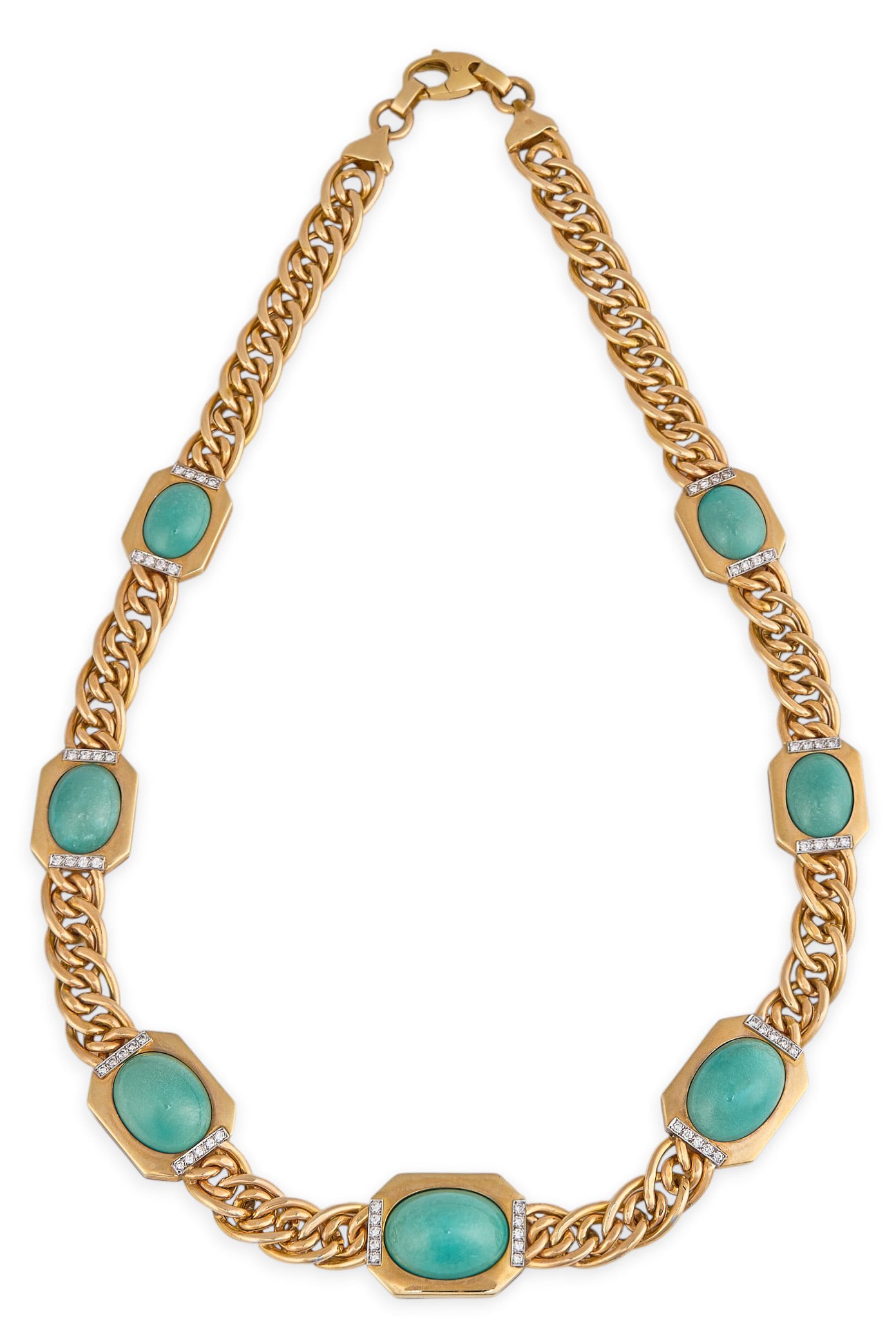 Red McCombs | 14K Turquoise Diamond Necklace: Italian 14K gold station necklace featuring turquoise oval cabochons and round brilliant-cut diamond details, set in fixed panels banked with diamond bar on double curb link chain,