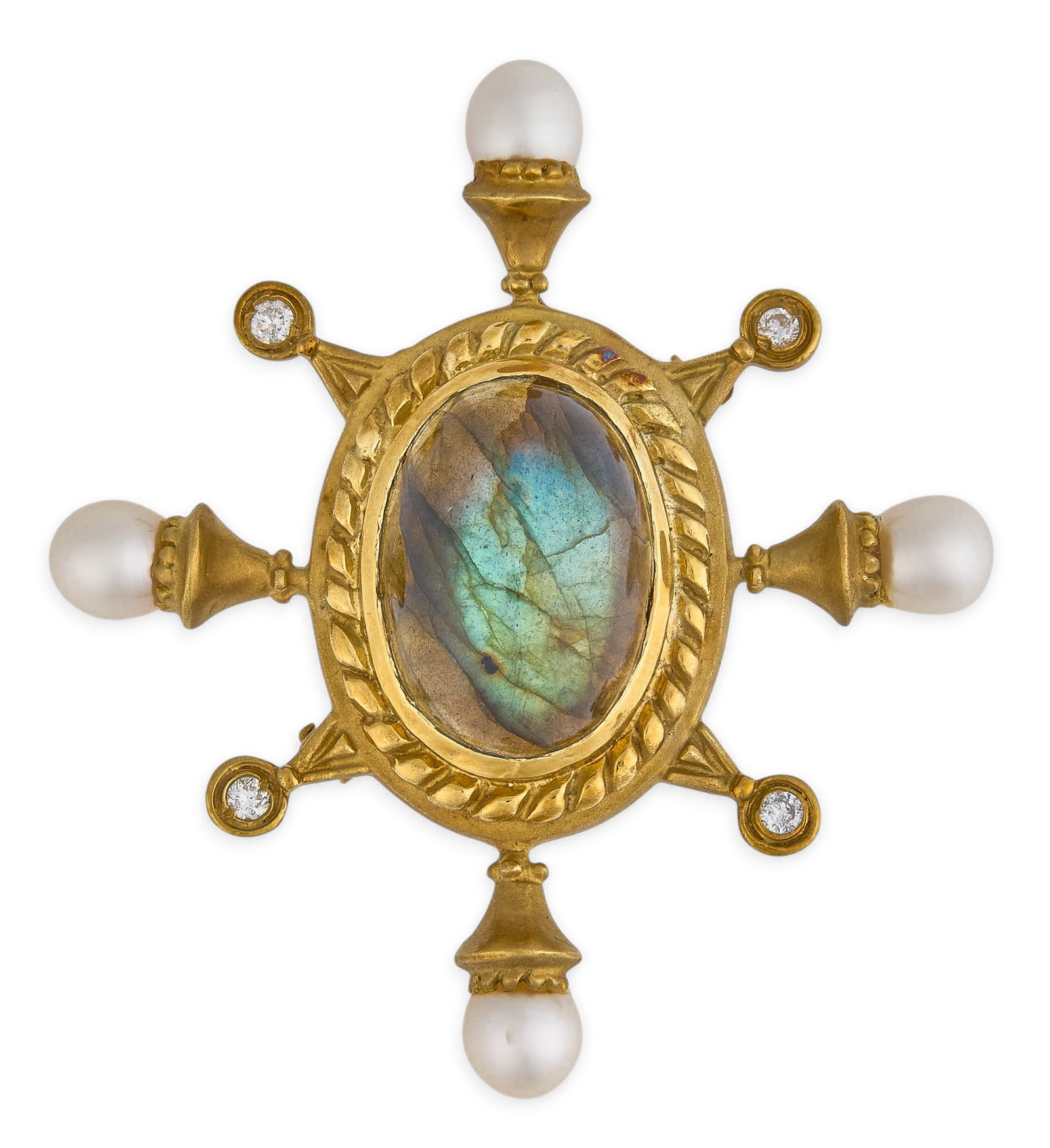Red McCombs | 18K Labradorite Pearl Diamond Brooch: Etruscan Revival style 18K gold brooch, set with an iridescent labradorite cabochon, flanked by twisted rope motif and a halo of freshwater pearls and bezel-set round brilliant-cut diamonds Size: 