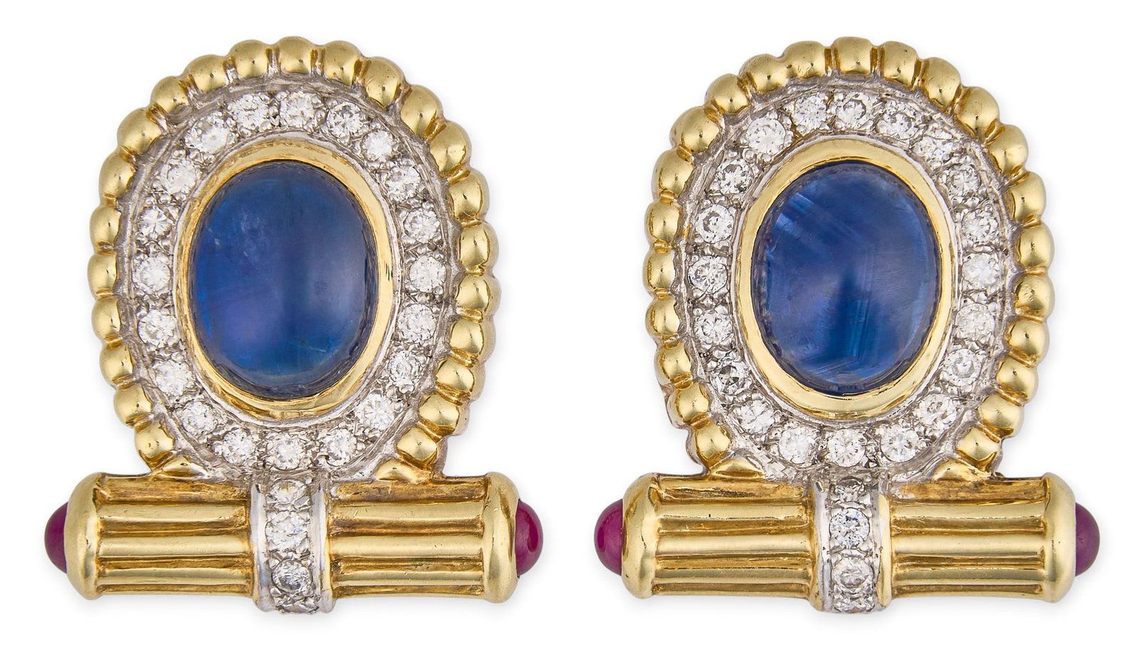 Red McCombs | 14K Sapphire Diamond Ruby Earrings: Pair of 14K gold earrings set with sapphire oval cabochons, accented by round brilliant-cut diamond halo, and ruby cabochon details Size: 1 1/8 in. / length Total weight: 28.5 g Provenance: Prope