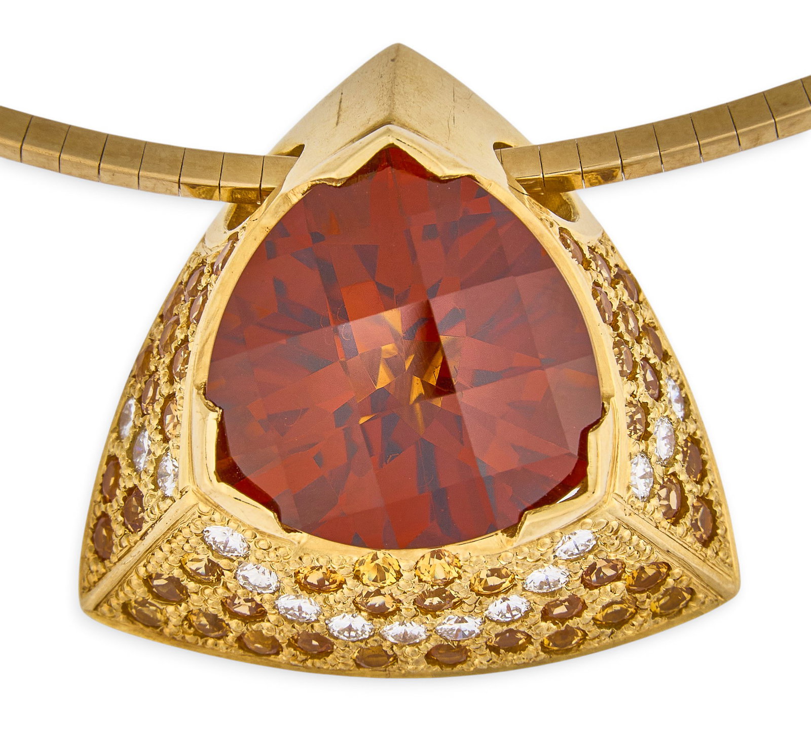 Red McCombs | 18K Topaz Necklace: Ariel 18K gold slide pendant centering a large trillion-cut topaz, accented by round brilliant-cut diamonds and topaz in pave setting, marked "18K Ariel" to reverse, on a 14K gold box c