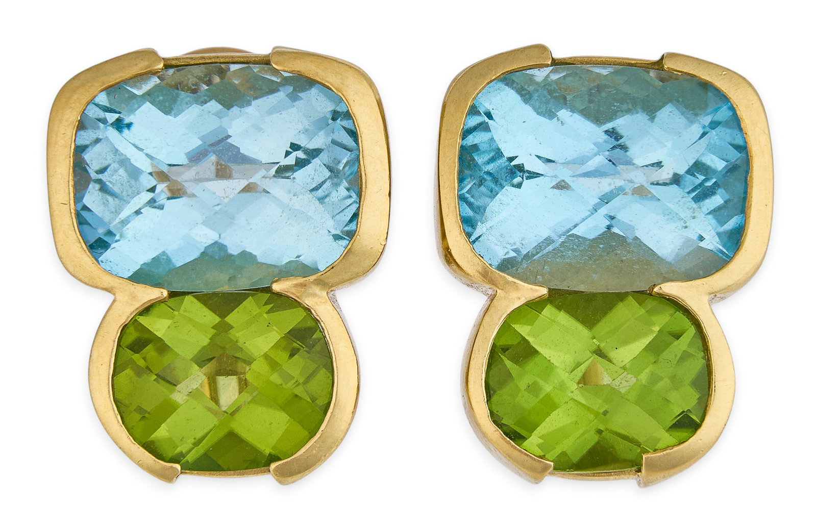Red McCombs | 18K Prasiolite Topaz Earrings:  Pair of 18K gold earrings featuring bezel-set faceted topaz and prasiolite stones, French clips, marked "18KT" Size: 3/4 in. / length Total weight: 19.1 g Pro