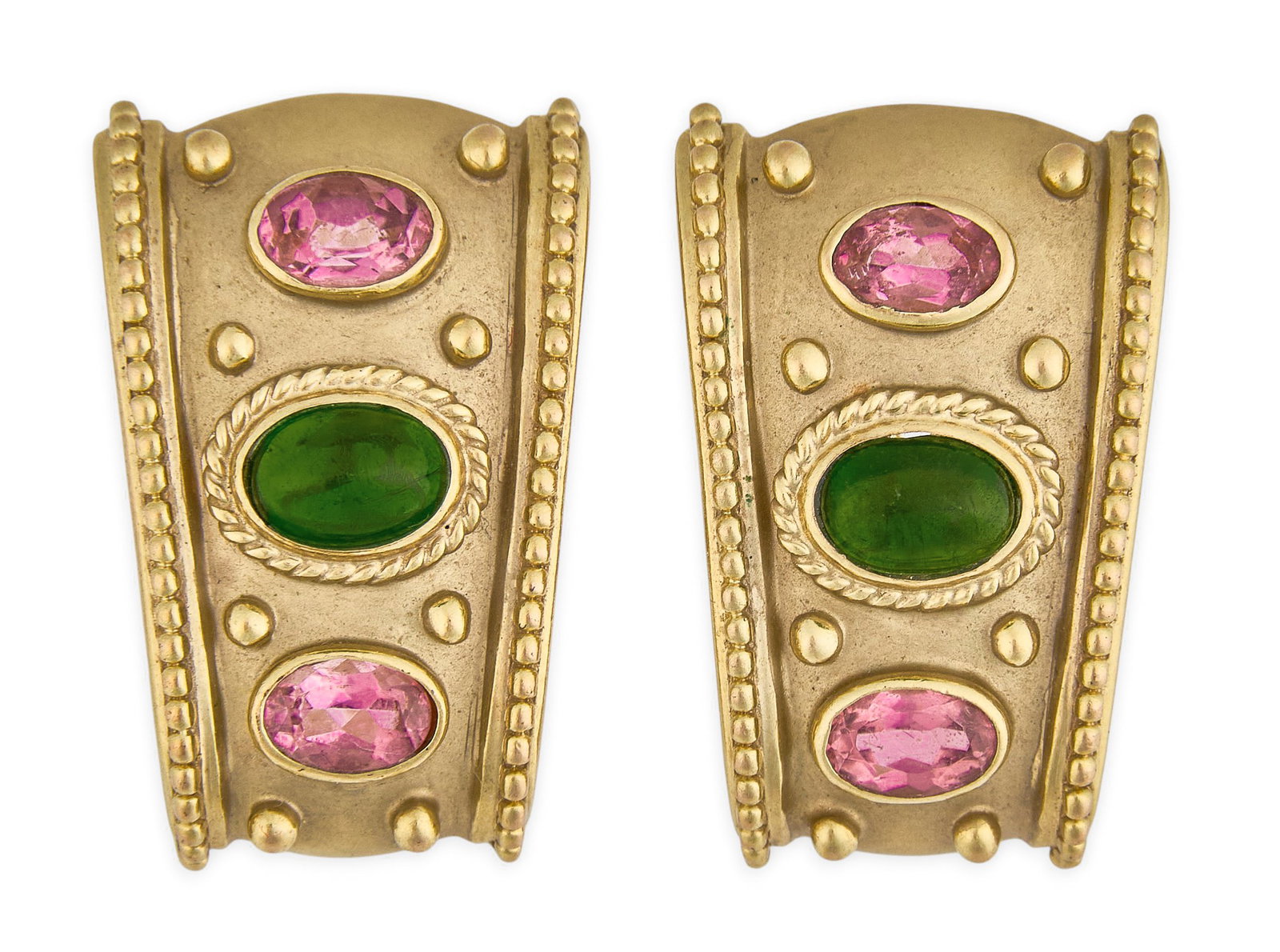 Red McCombs | 14K Gemstone Earrings: Pair of 14K gold earrings set with green gemstone oval cabochons, accented by faceted pink gemstones, beaded and brushed finish to metal, French clip set, marked "14K" Size: 1 in. / len