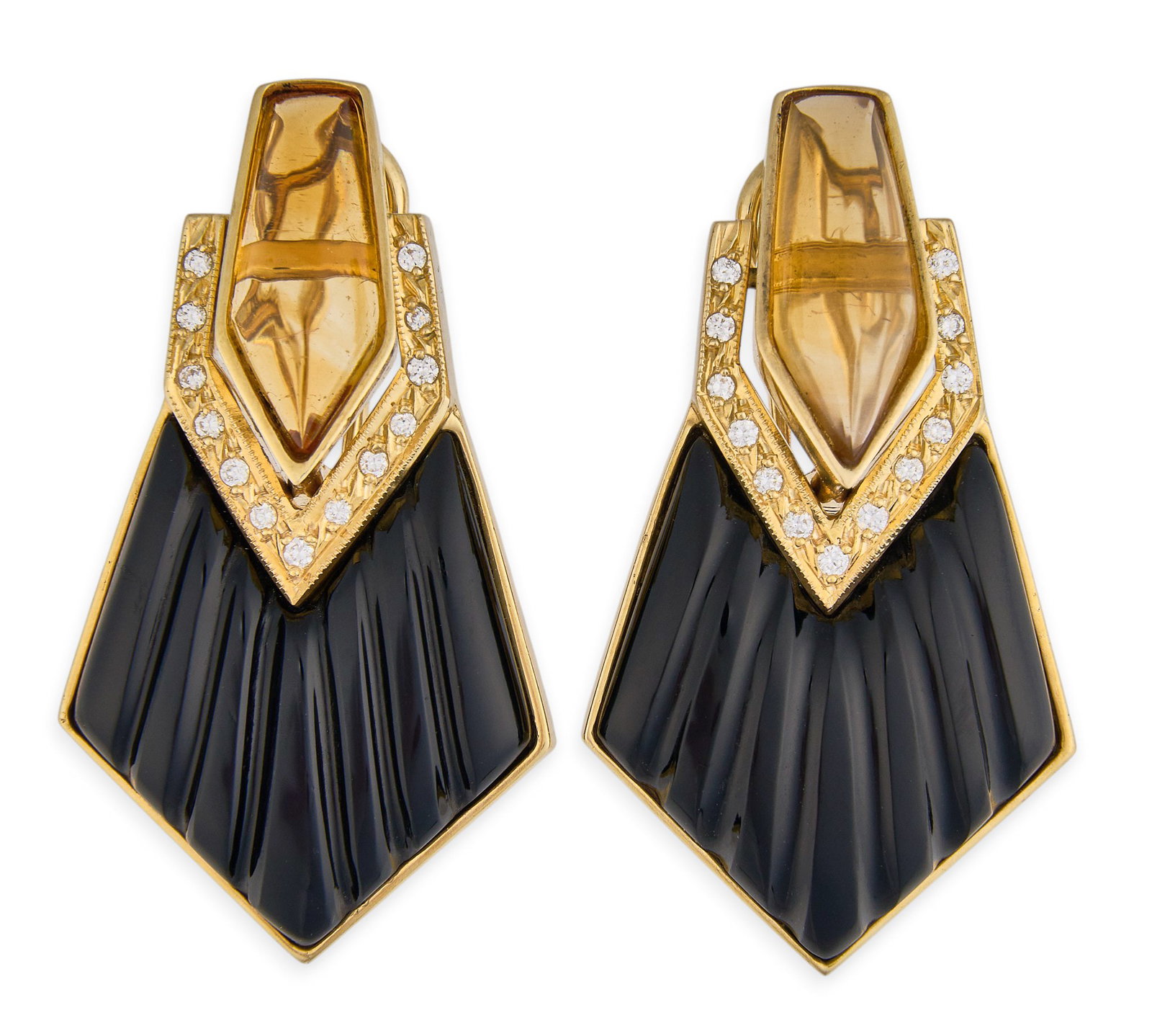 Red McCombs | 14K Onyx Citrine Diamond Earrings: Pair of 14K gold earrings set with citrine cabochon top with articulated drop above pave diamonds and fluted onyx, marked "585" Size: 1 3/8 in. / length Total weight: 15.1 g Proven