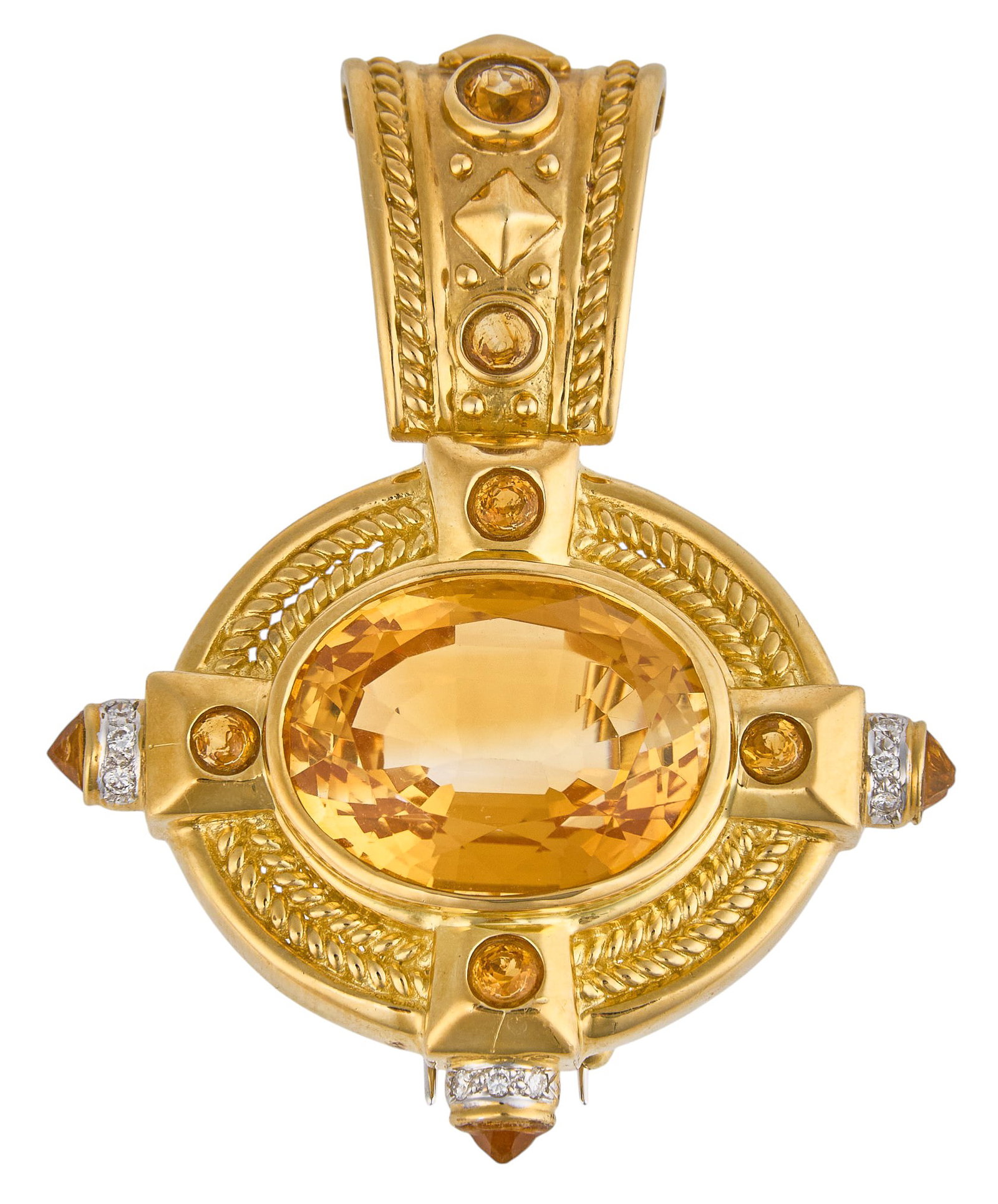 Red McCombs | 18K Roman Revival Pendant: 18K gold (tested) Roman revival pendant or brooch, set with large faceted citrine, accented by additional citrine and diamond details, Size: 2 1/8 in. x 1 3/4 in. Total weight: 28.4 g 