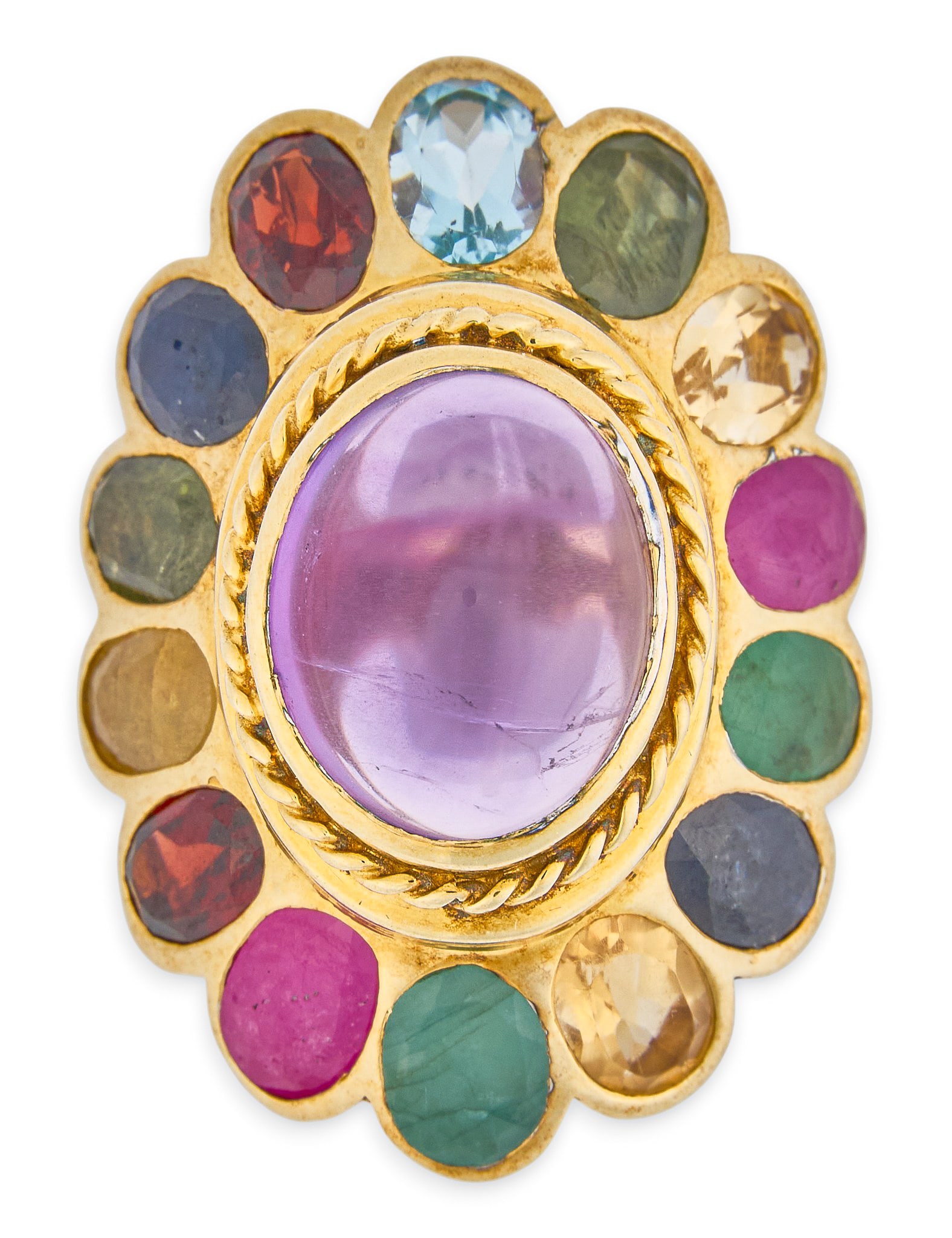Red McCombs | Amethyst Cabochon Gemstone Sterling Ring: Sterling silver gold vermeil ring centering amethyst oval cabochon in twisted rope style bezel setting, accented by oval faceted gemstones to include ruby, spinel, and topaz, marked "92