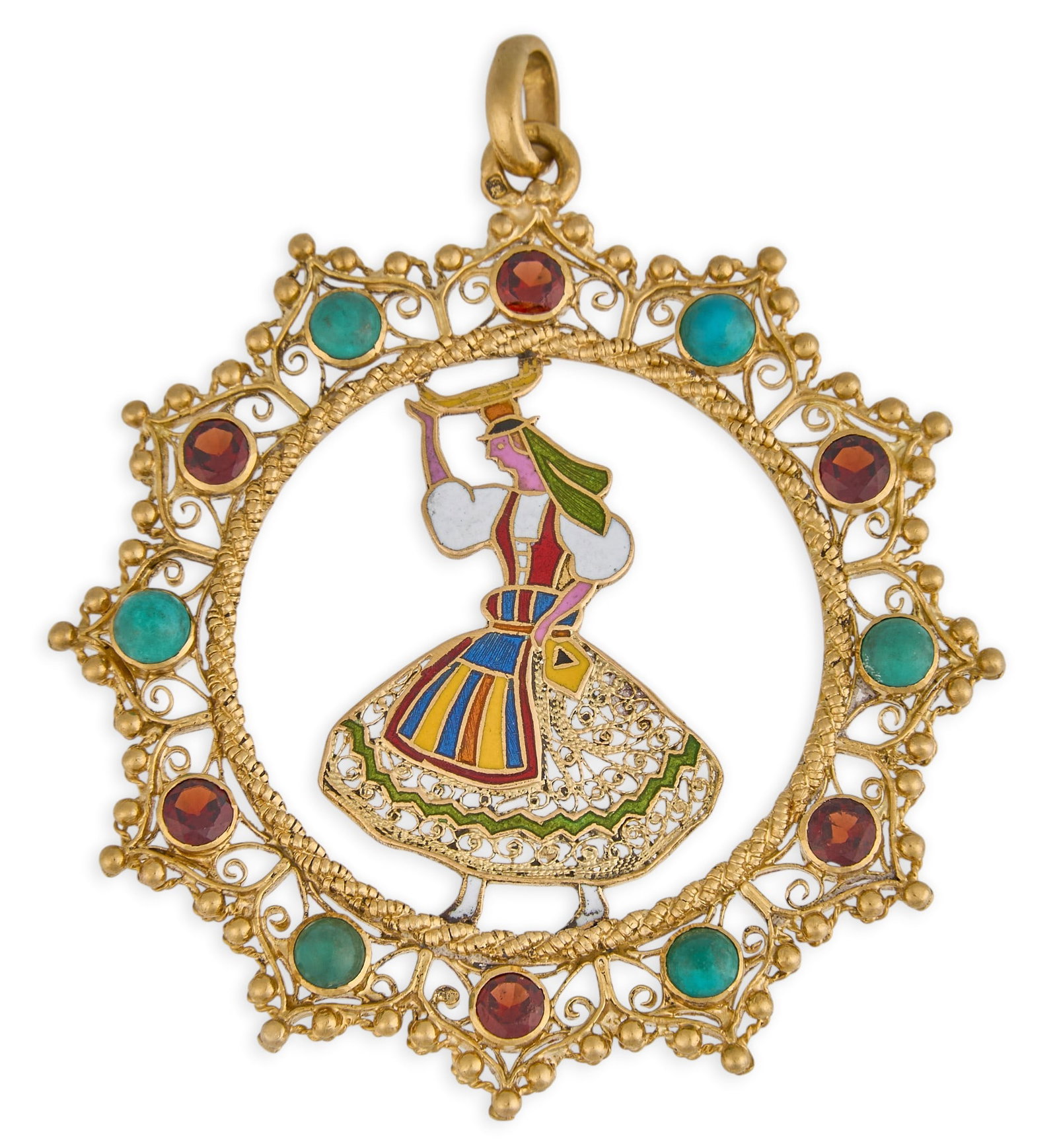 Red McCombs | 18K Multi-Stone Folk Dancer Pendant: 18K gold (tested) pendant depicting a traditional folk dancer set with enamel inlay, accented by round garnet and turquoise cabochon details in filagree setting Size: 1 5/8 in. / diameter Total weight