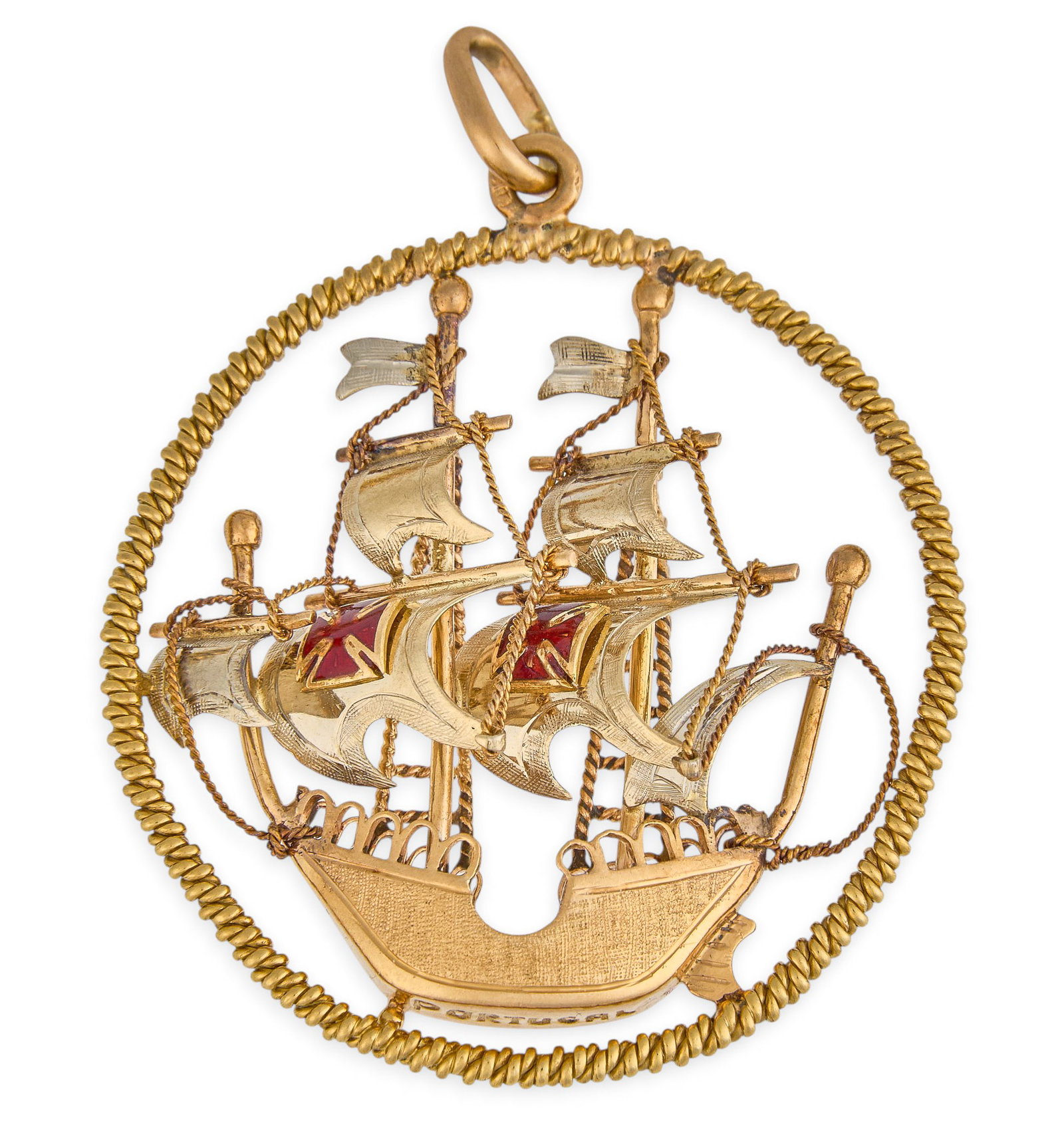 Red McCombs | 14K Ship Pendant: 14K gold (tested) pendant depicting a fully dimensional central Portuguese galleon ship with red enamel details, featuring rope twist border and large bail Size: 1.5 inch / diameter Total weight: