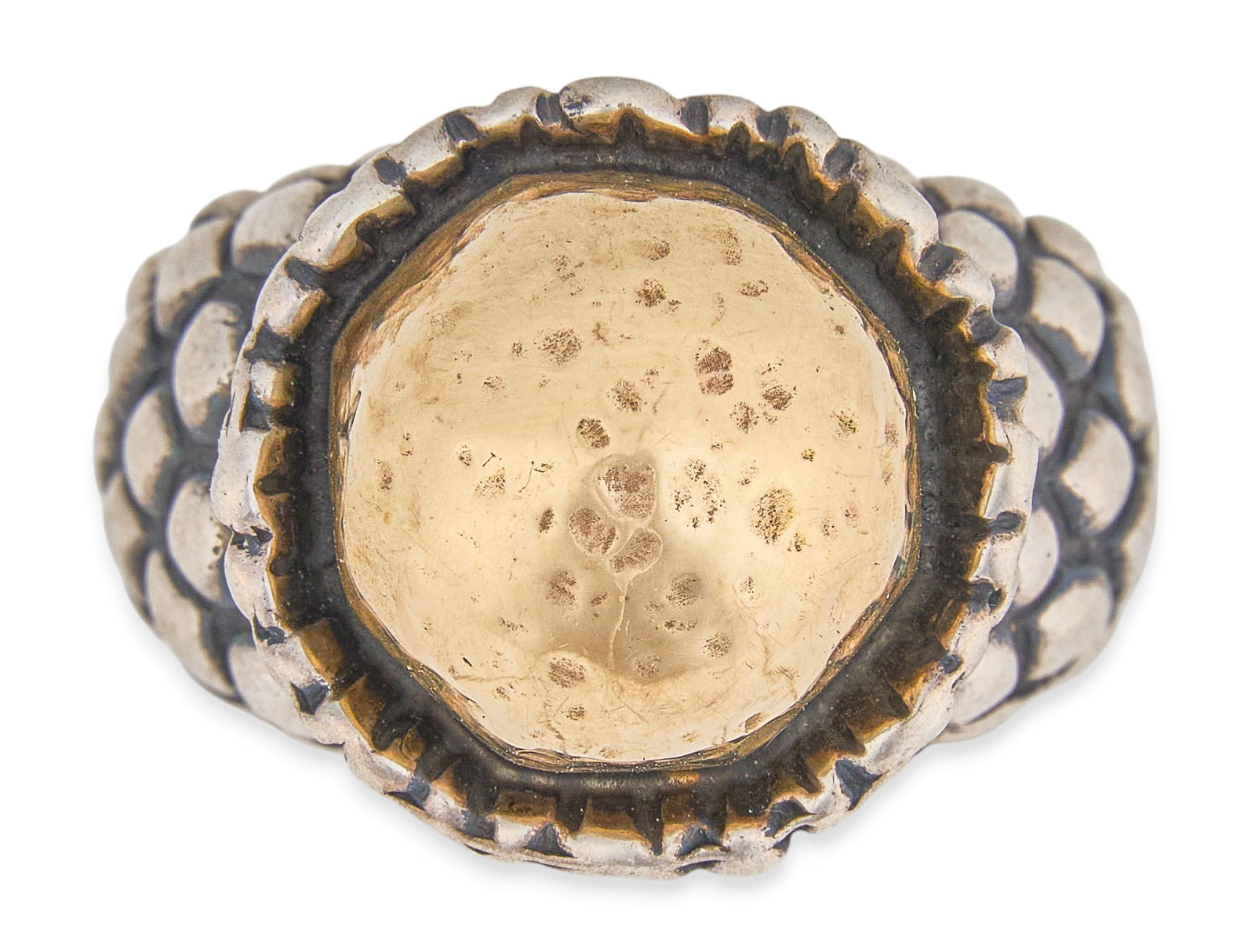 Red McCombs | Dian Malouf Sterling/14K Ring: Dian Malouf sterling silver ring featuring a textured band centering a hammered 14K gold dome, marked "925 DLM 14K" Size: 6.75 Total weight: 16.9 g Provenance: Property from the personal est