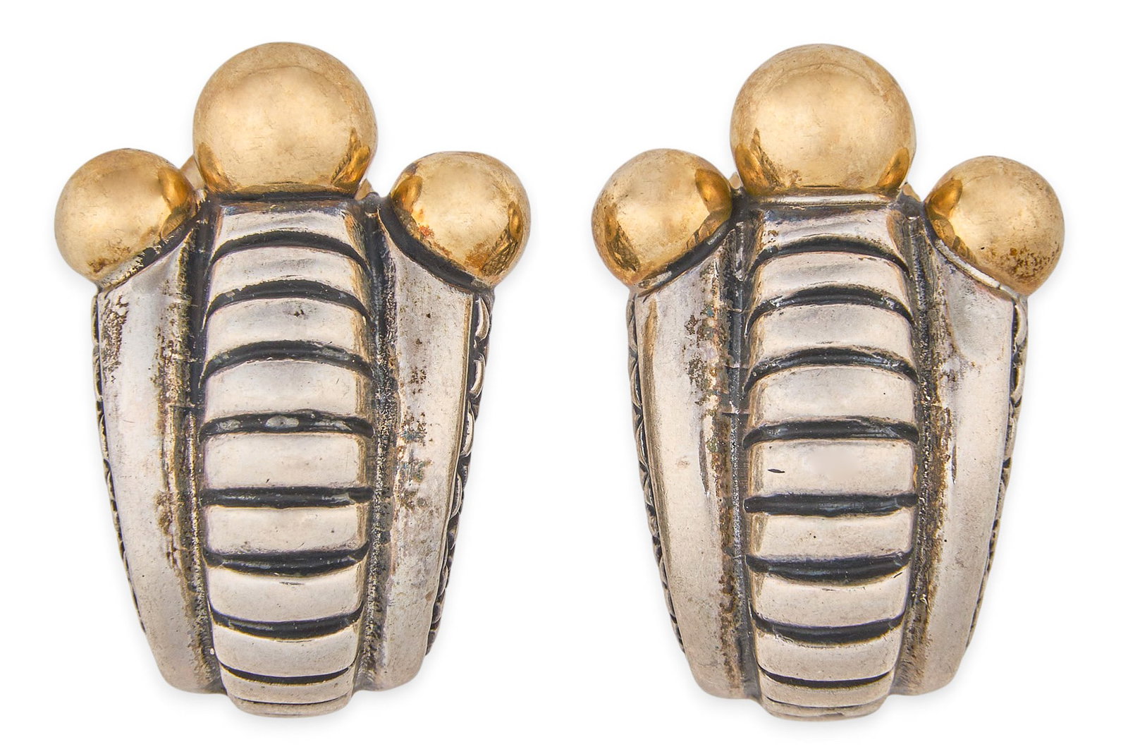 Red McCombs | Dian Malouf Sterling Silver/14K Earrings: Pair of Dian Malouf sterling silver clip-on earrings, featuring 14K gold studded details, marked "14K 925 Dian Malouf" to reverse Size: 1.25 x 0.75 in. / each Total weight: 29.7 g Provenance