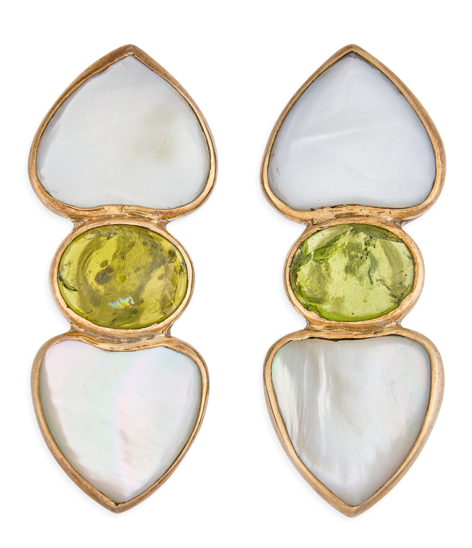 Red McCombs | Celia Harms Sterling Silver Earrings: Pair of Celia Harms Mexican sterling silver earrings set with green gemstone cabochons and mother of pearl inlay Size: 1 3/8 in. / length Total weight: 16.7 g Provenance: Property from the person