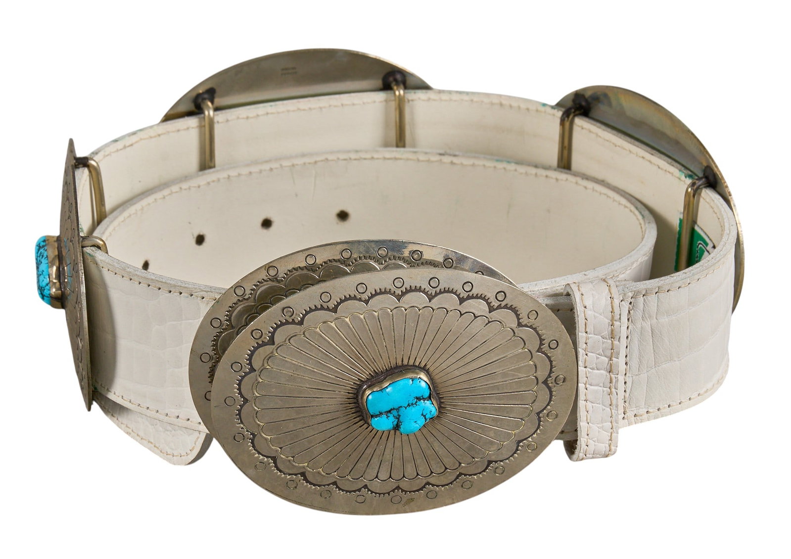 Red McCombs | Italian Leather Concho Belt, Size 32: Italian white leather concho belt by Gabriella Orti, featuring five silver conchos from Alpaca, Mexico, each set with turquoise stones, size 32 Condition AB; very good condition, regular wear si