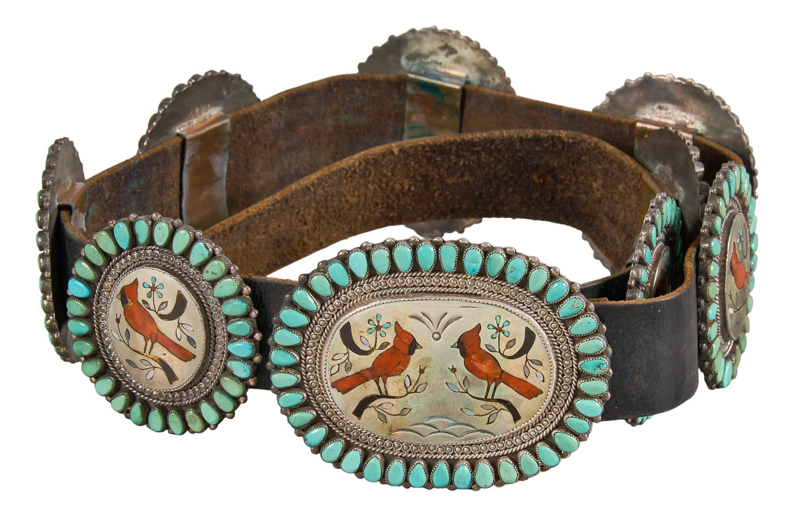 Red McCombs | Sterling & Multi-Stone Inlay Cardinal Concho Belt: Sterling silver concho belt with nine conchos and buckle on black leather belt, conchos featuring multi-stone inlay in cardinal motifs, featuring coral, turquoise, mother of pearl, and onyx inlay, and