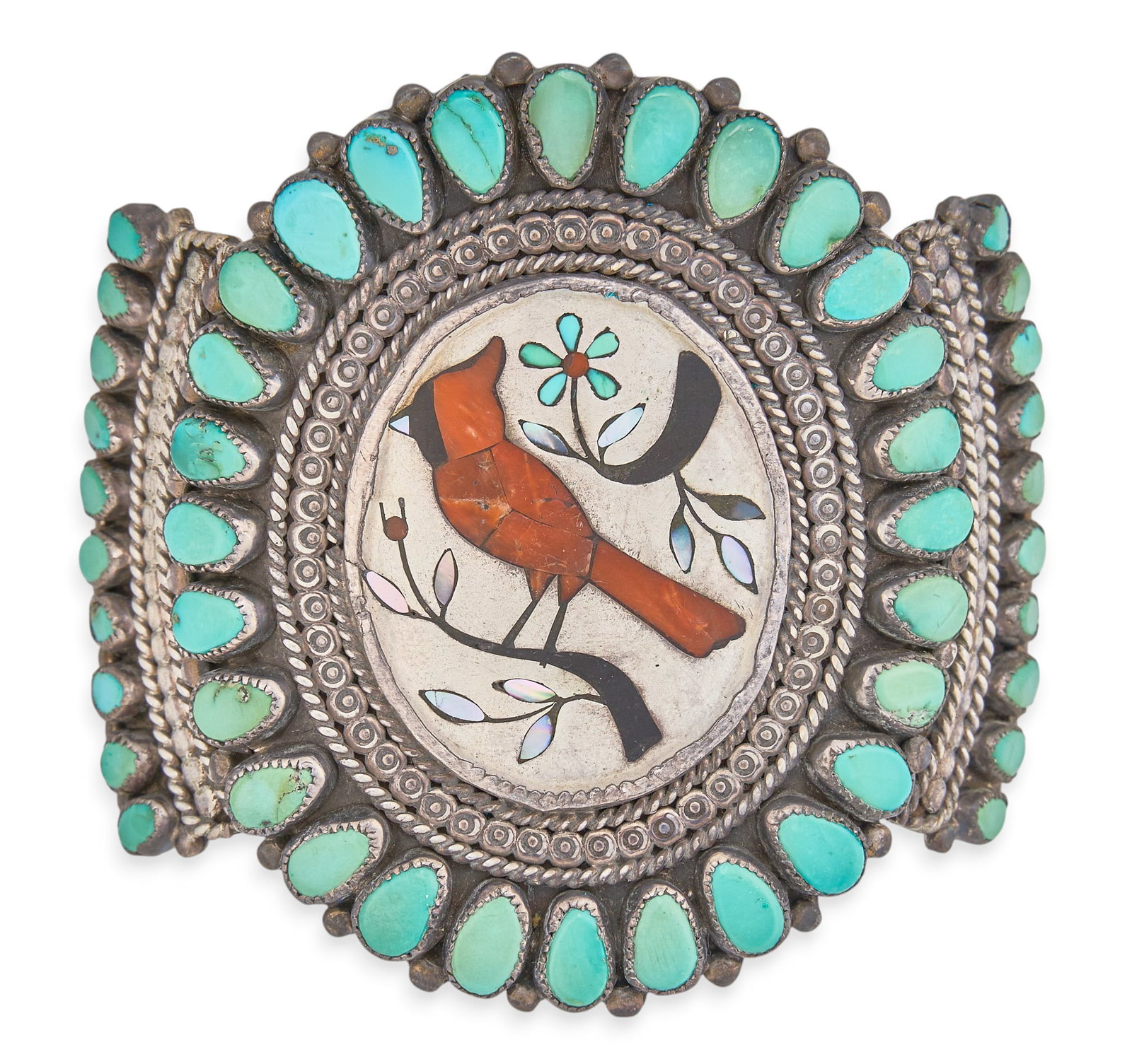 Red McCombs | Sterling & Multi-Stone Inlay Cardinal Cuff: Sterling silver cuff bracelet set with multi-stone inlay in cardinal motif, featuring coral, turquoise, mother of pearl, and onyx inlay, and turquoise cabochons in cluster design, signed "AB"