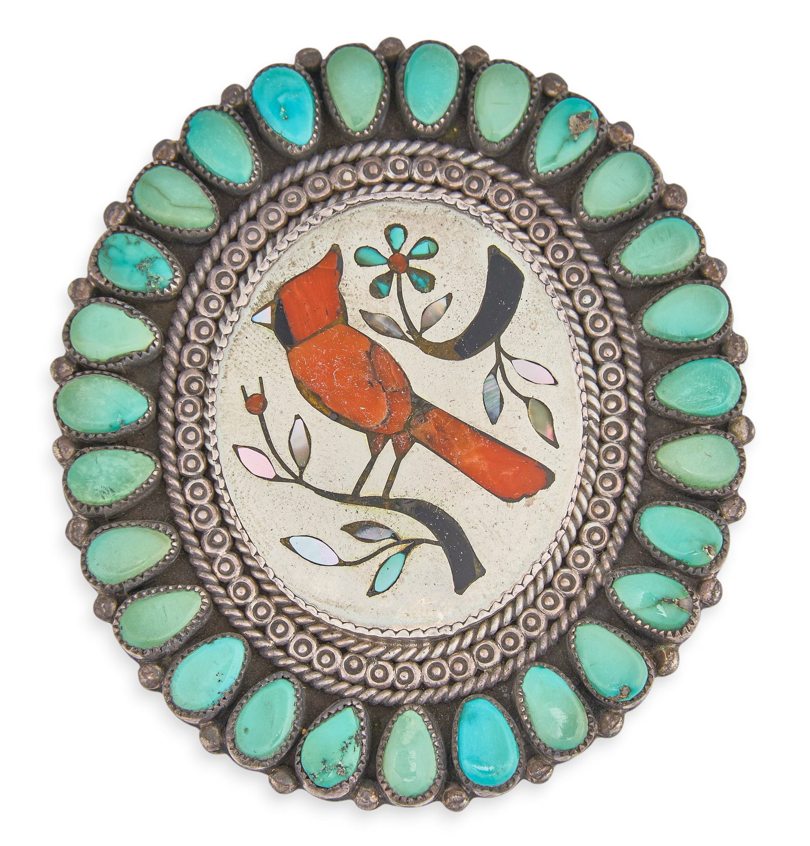 Red McCombs | Sterling & Multi-Stone Inlay Cardinal Pendant/Brooch: Sterling silver pendant or brooch, set with multi-stone inlay in cardinal motif, featuring coral, turquoise, mother of pearl, and onyx inlay, and turquoise cabochons in cluster design, signed &qu
