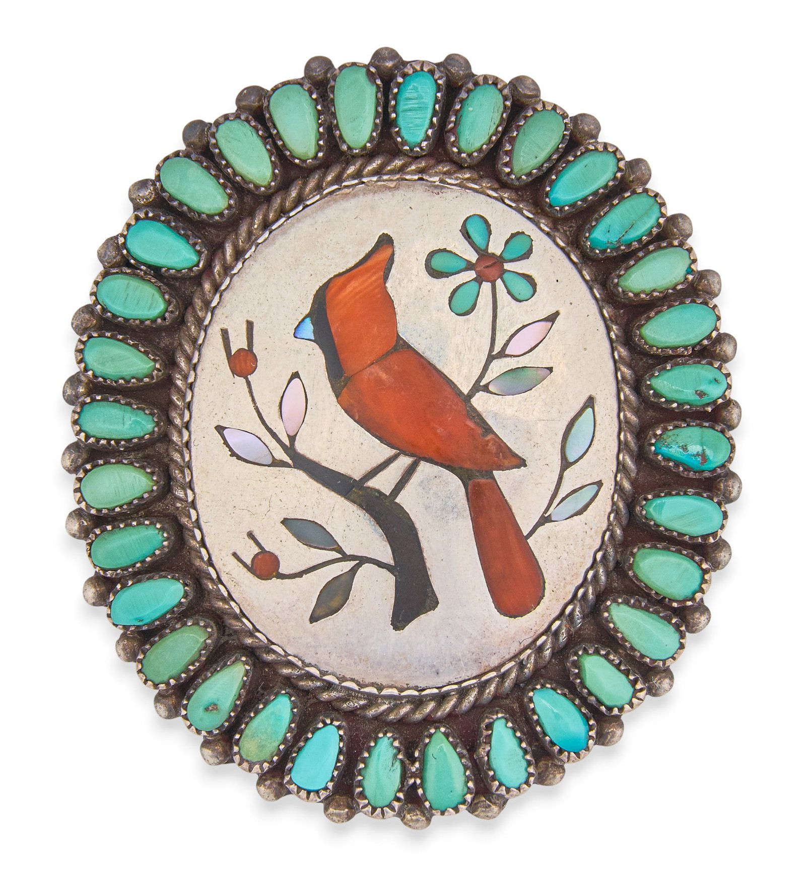 Red McCombs | Sterling & Multi-Stone Inlay Cardinal Ring: Sterling silver ring set with multi-stone inlay in cardinal motif, featuring coral, turquoise, mother of pearl, and onyx inlay, and turquoise cabochons in cluster design border, signed "AB" 
