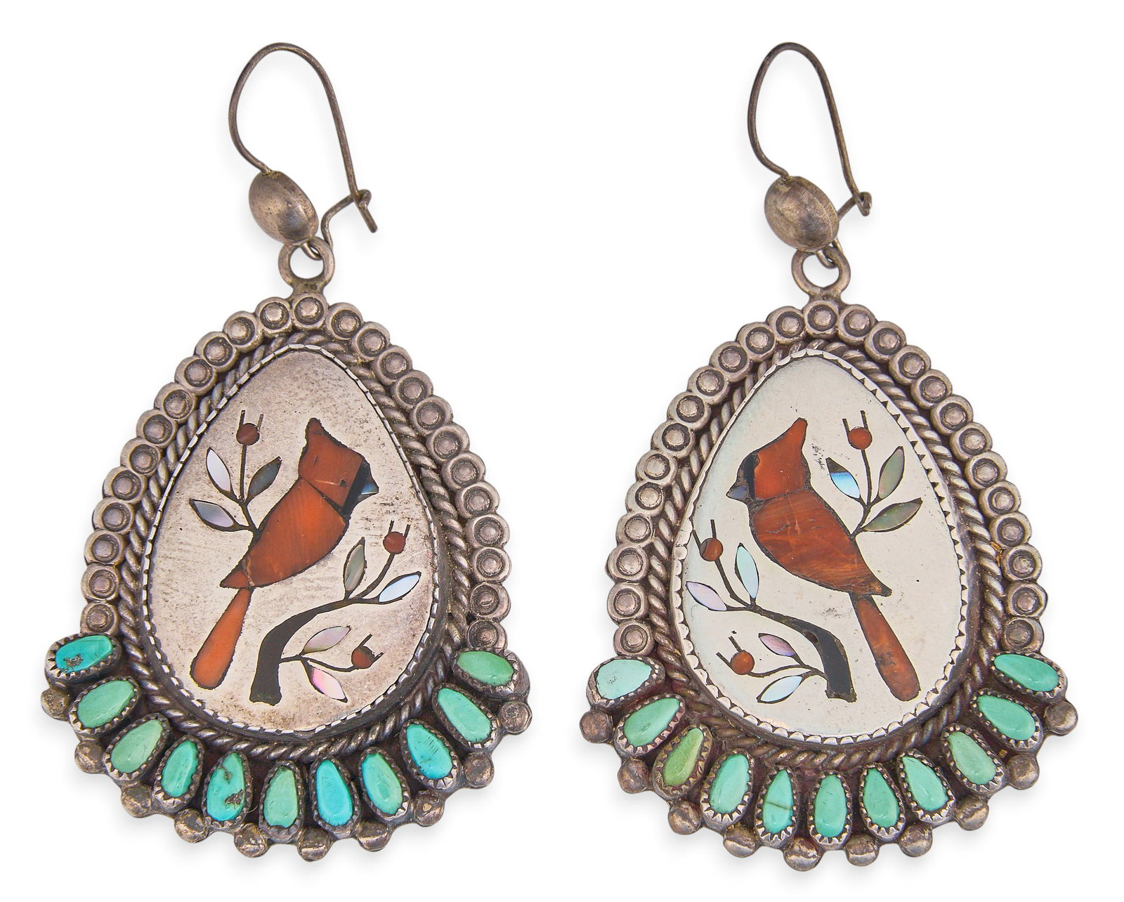 Red McCombs | Sterling & Multi-Stone Inlay Cardinal Earrings: Pair of sterling silver earrings set with multi-stone inlay in cardinal motifs, featuring coral, turquoise, mother of pearl, and onyx inlay, and turquoise cabochons in cluster design, signed &quo