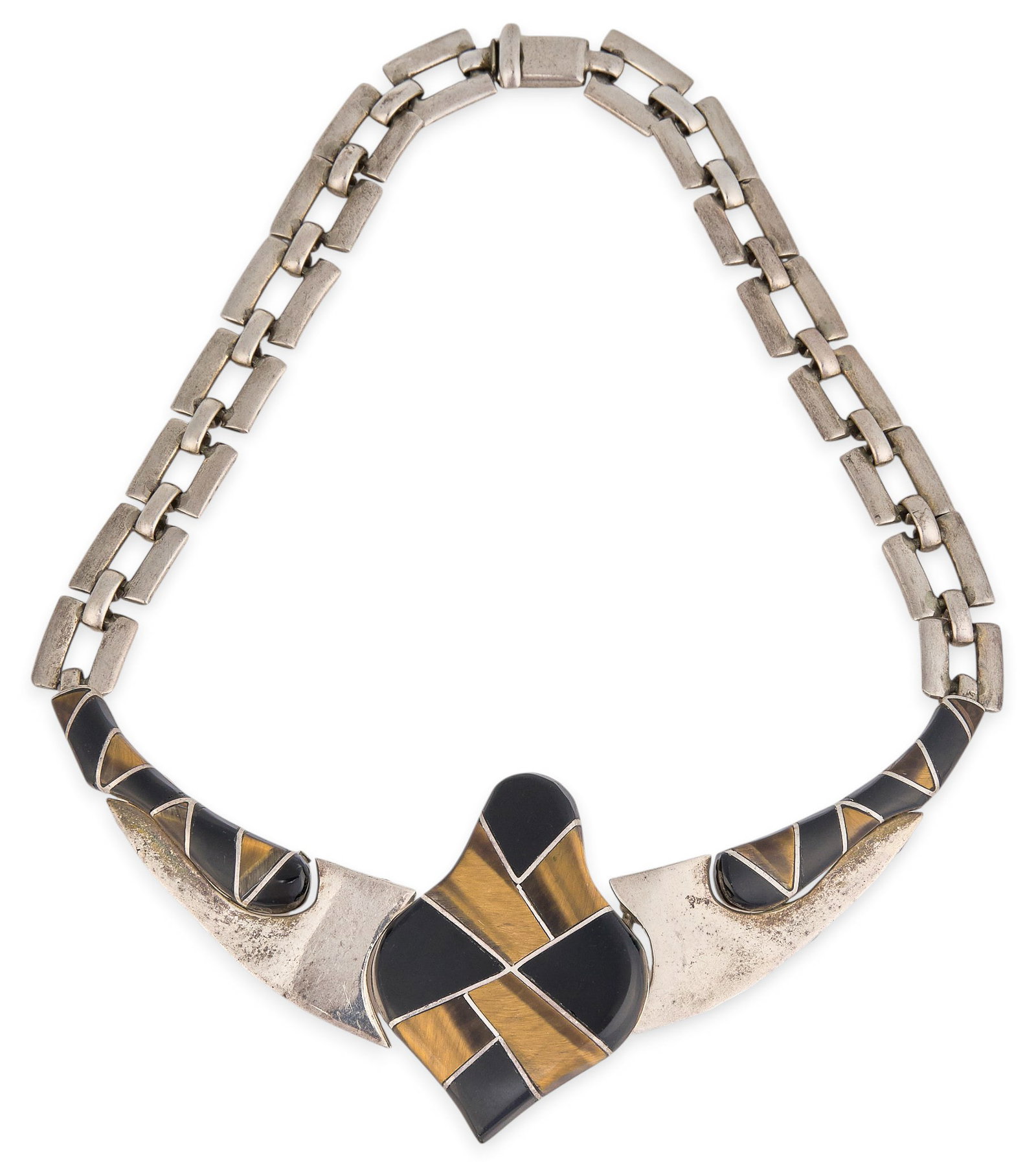 Red McCombs | Vintage Mexican Multi-Stone Inlay Necklace: Vintage Mexican 950 silver necklace, set with tiger's eye and onyx inlay, marked "Mexico 950" to clasp Length: 18 in. Total weight: 137.8 g Provenance: Property from the personal es
