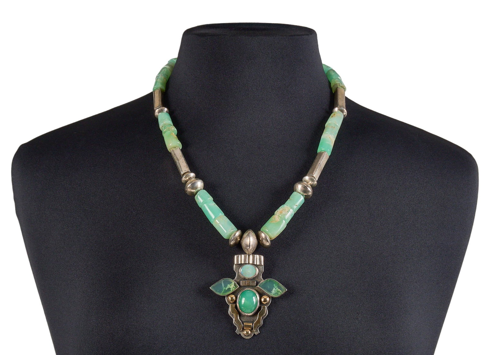 Red McCombs | Sterling Silver & Quartz Pendant Necklace: Beaded sterling silver and quartz pendant necklace, pendant set with stone inlay and cabochons, with hook and eye closure, pendant signed "Anne Forbes" Length: 23 in. Total weight: 132.