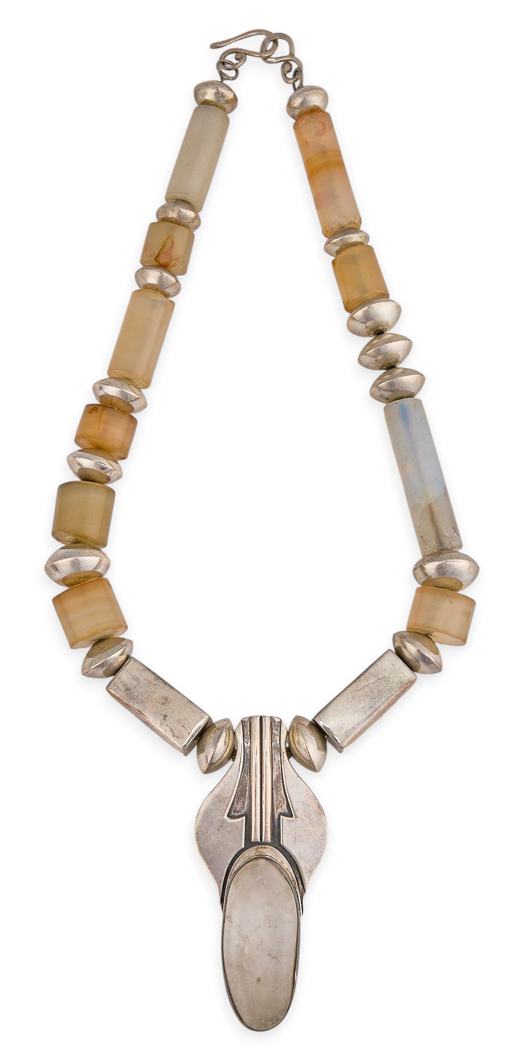 Red McCombs | Sterling Silver & Quartz Pendant Necklace: Beaded sterling silver and quartz pendant necklace, pendant set with single quartz cabochon, with hook and eye closure, pendant signed "Anne Forbes" Length: 23 in. Total weight: 269.1 g