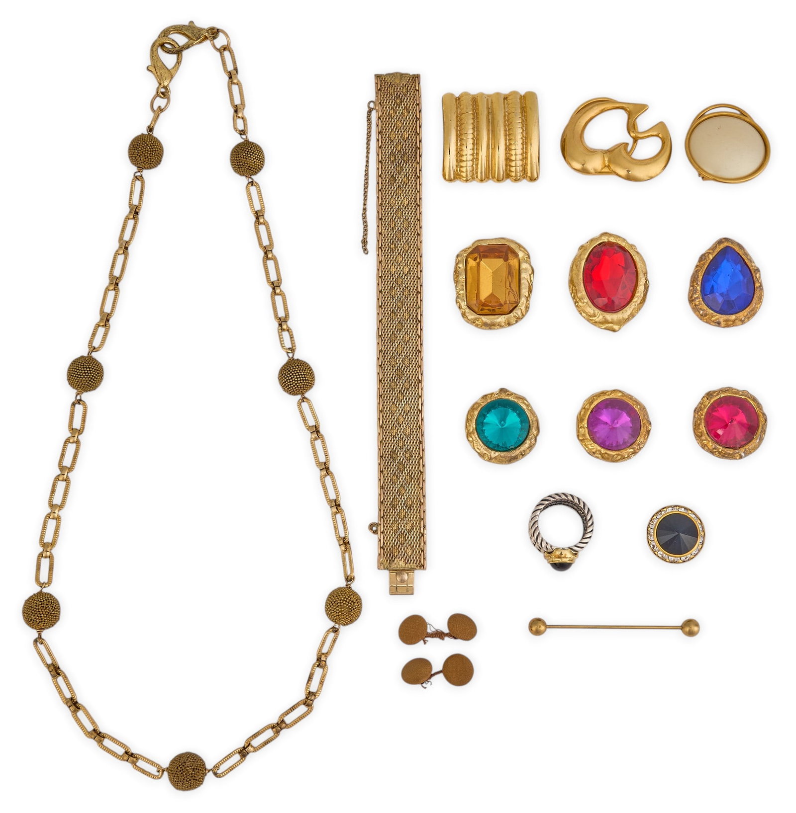 Red McCombs | Collection of Costume Jewelry: Collection of costume jewelry to include a fancy link gold plated necklace, sterling silver and onyx ring, button covers, and a gold-filled bracelet