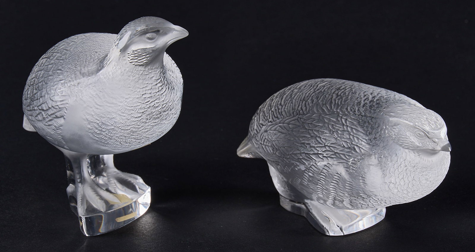 Red McCombs | Pair of Lalique Quail Figurines: Pair of Lalique quail frosted glass figurines, signed on bottom height 5.25 in. x width 3.5 in. x depth 6 in. / largest Provenance: Property from the personal estate collection of iconic Texas b