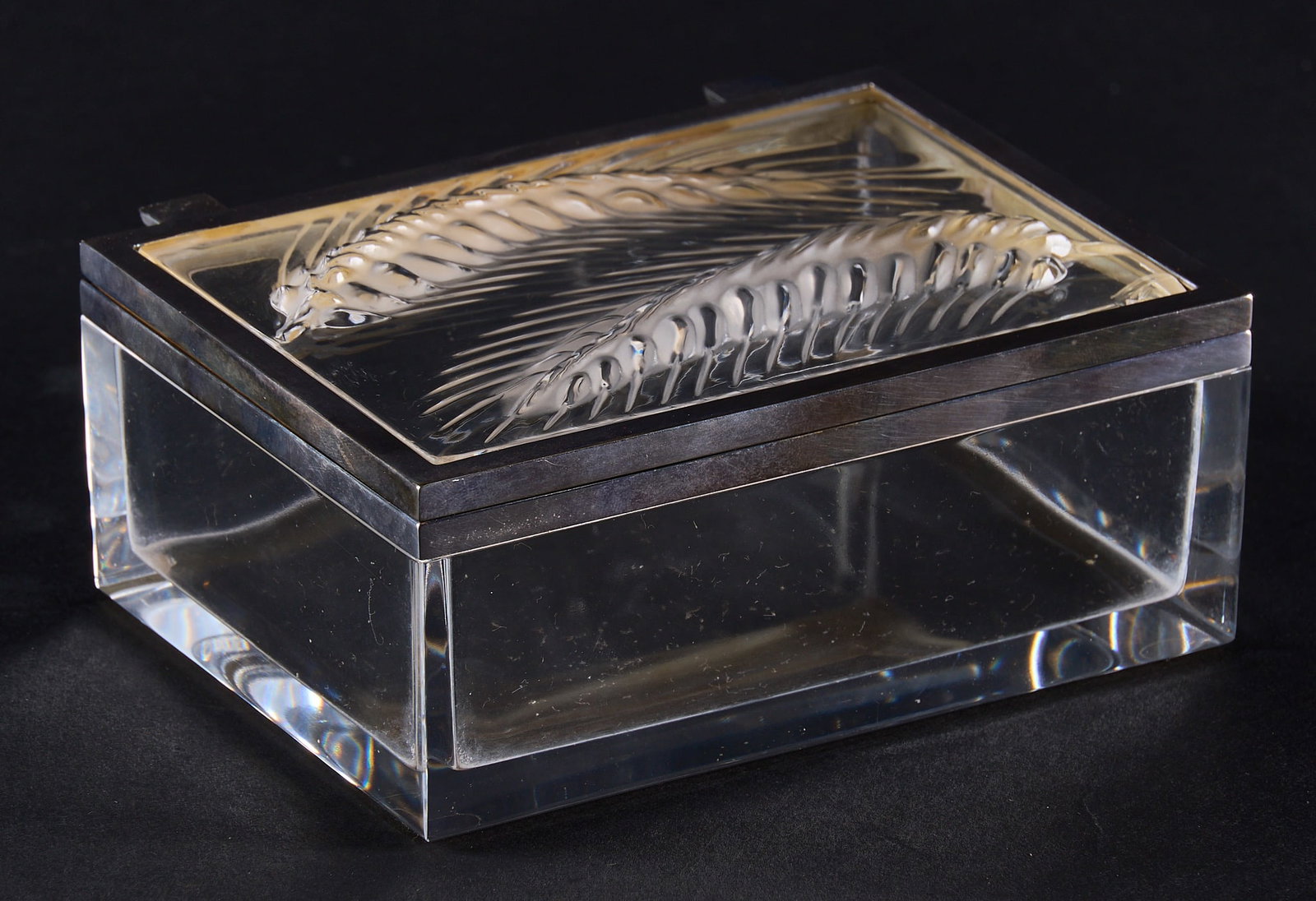 Red McCombs | Lalique "Epis" Crystal Desk Box: Lalique "Epis" (wheat) pattern crystal box, with silver-plated trim, signed height 2.5 in. x width 5.5 in. x depth 4 in. Provenance: Property from the personal estate c