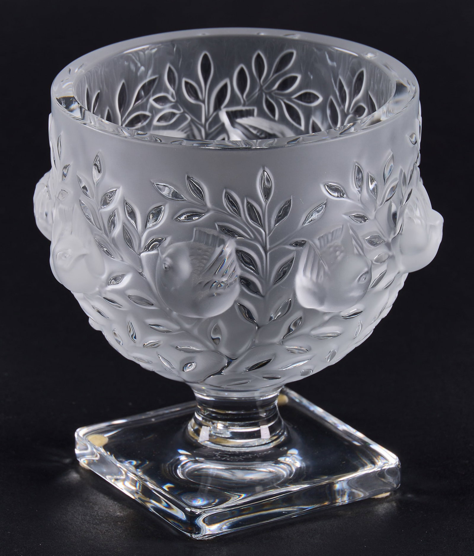 Red McCombs | Lalique "Elisabeth" Footed Crystal Bowl: Lalique "Elisabeth" pattern footed crystal bowl, frosted crystal featuring sparrows and foliage, marked on bottom height 5.5 in. x width 5.5 in. x depth 5 in. Provenance: Property
