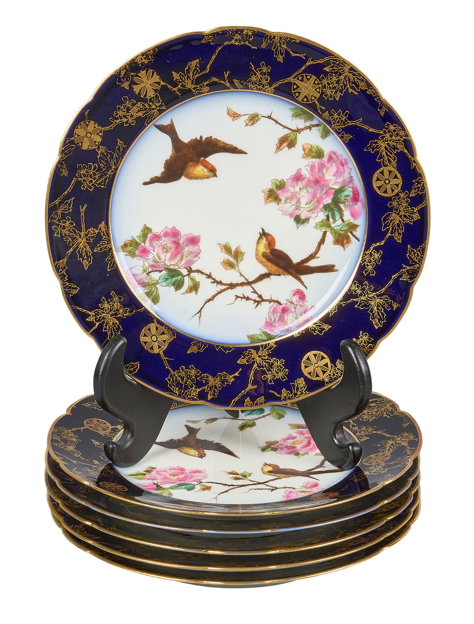 Red McCombs | Charles Field Haviland Hand-Painted Plates: Turn of the century set of six Charles Field Haviland (Limoges, France) porcelain plates, featuring hand-painted floral and bird design height 1.25 in. x width 9 in. x depth 9 in. / each