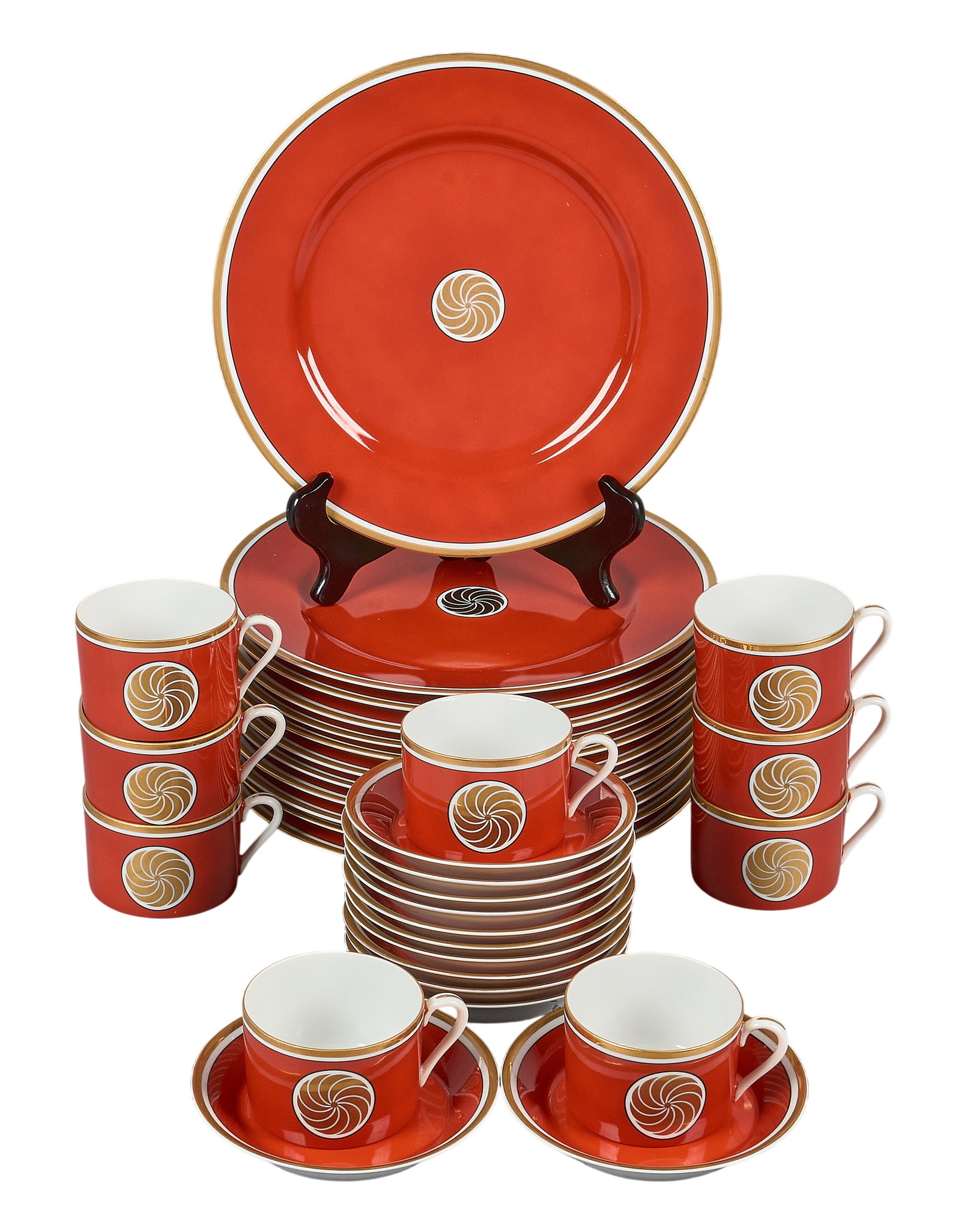 Red McCombs | Medallion d'Or by Fitz & Floyd China Set: Medallion d'Or by Fitz & Floyd china set, includes teacups, saucers, and plates height 1 in. x width 10.5 in. x depth 10.5 in. / largest
