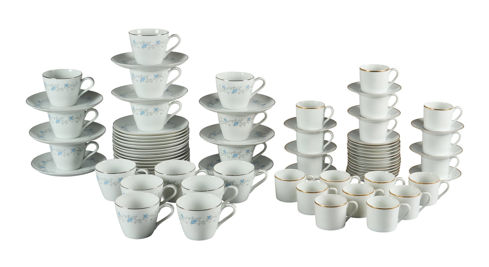 Red McCombs | (2) Porcelain Cup & Saucer Sets: Two porcelain cup and saucer sets, includes Granada by Rose China and white with gold trim design set height 2.5 in. x width 4.5 in. x depth 3.25 in. / largest Provenance: Property fr