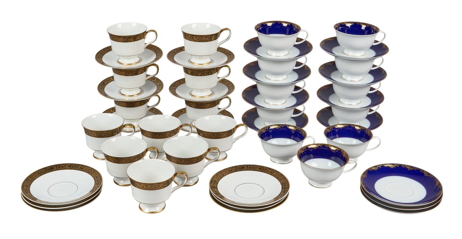 Red McCombs | Cobalt & Gold Coffee Cups & Saucers: Collection of cobalt and gold coffee cups and saucers, includes Hampton by Sango and Classic Rose Collection by Rosenthal Group height 3.25 in. x width 4.5 in. x depth 3.5 in. / largest