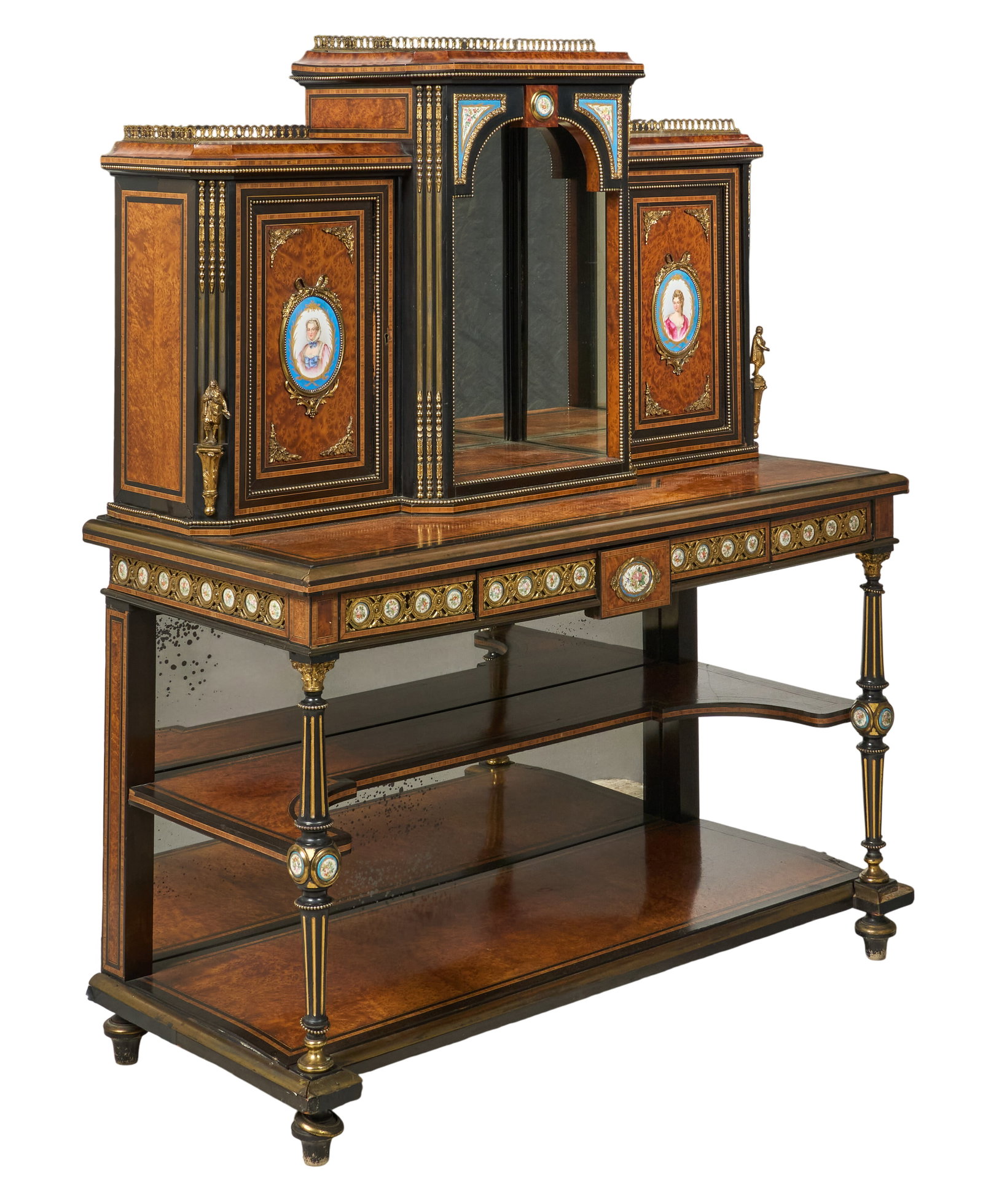 Red McCombs | Bonheur du Jour Writing Desk: Victorian bonheur de jour ladies writing desk, amboyna and ebonized, stepped with central mirrored recess, hand-painted porcelain Sevres style plaques inset throughout, ormolu mounting and gallery, re