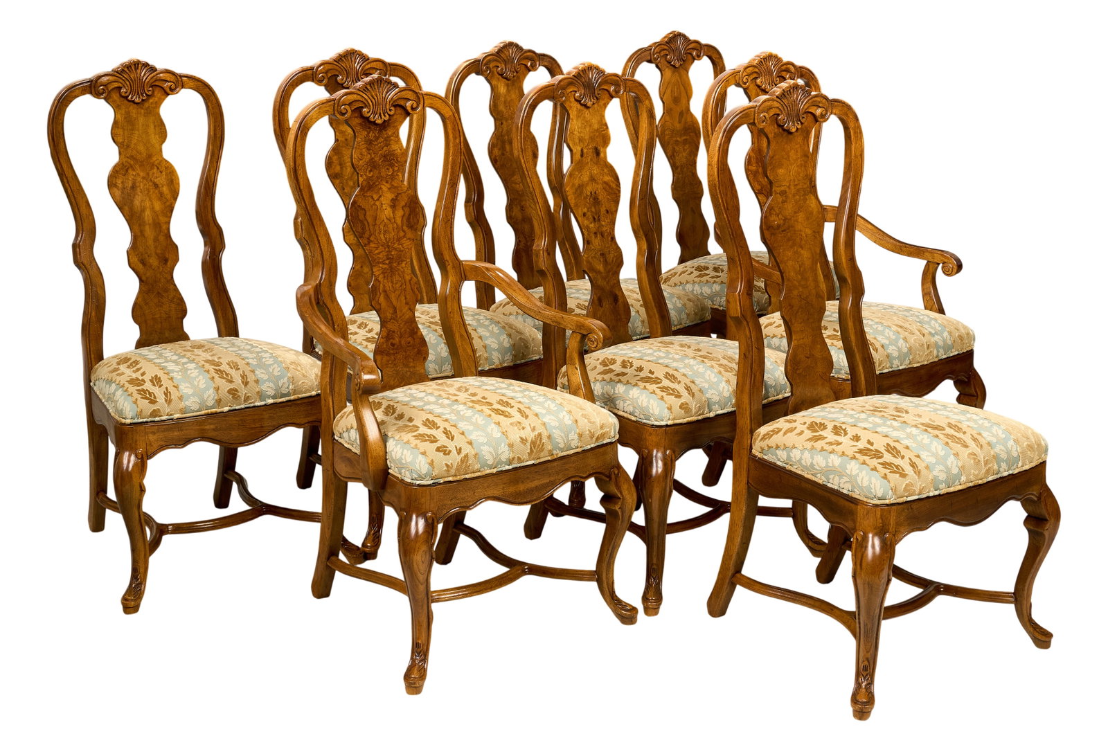 Red McCombs | Set of (8) Drexel Heritage Dining Chairs: Set of eight vintage Drexel Heritage burl wood dining chairs, including two master carver armchairs, with shell crest and vase-form backs, upholstered slip seats, includes, with manufacturer'
