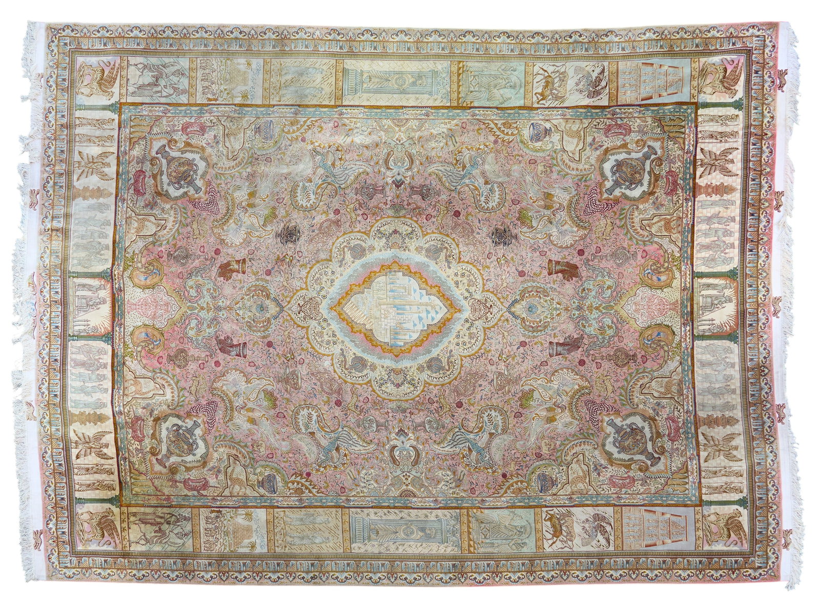 Red McCombs | Pictorial Persian Silk Rug, 13 ft. 2 in. x 9 ft. 10 in.: Pictorial silk Persian Tabriz rug 13 ft. 2 in. x 9 ft. 10 in. Provenance: Property from the personal estate collection of iconic Texas businessman, civic leader and philanthropist Billy Joe Red