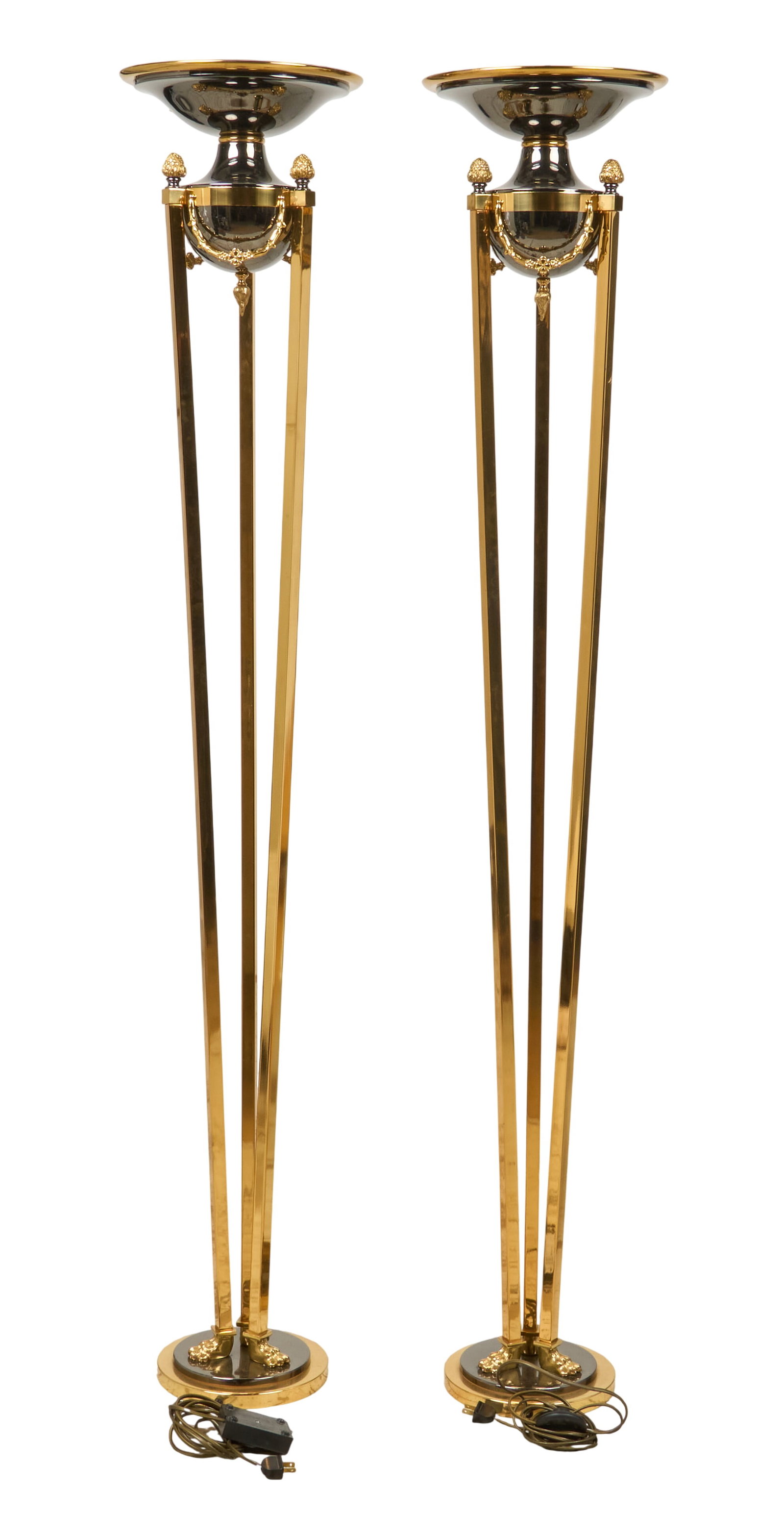 Red McCombs | Pair of Mariner S.A. Torchieres: Pair of Mariner S.A. mid-century brass and patinated metal torchiere floor lamps, in working condition height 71 in. x width 13 in. x depth 13 in. / each Provenance: Property from the pers