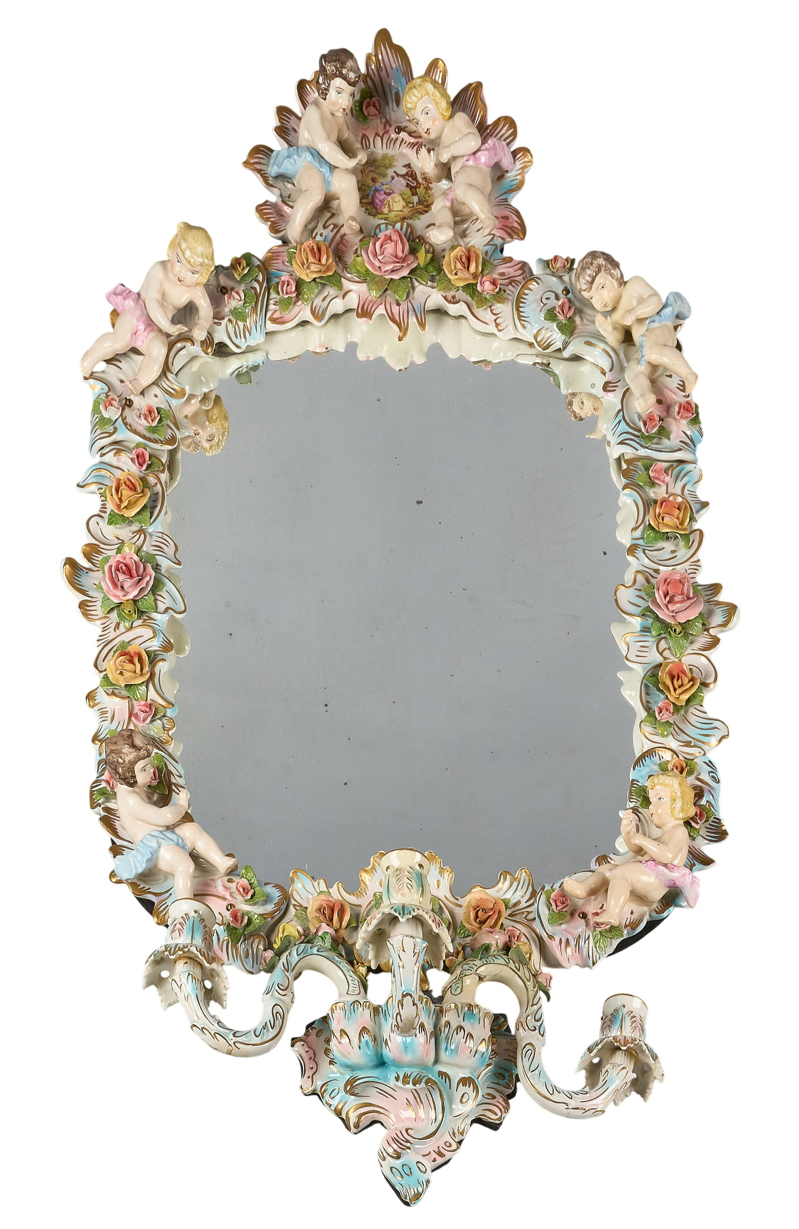 Red McCombs | Continental Floral-Encrusted Mirror: Rococo Revival porcelain framed mirror, in the style of Dresden, oval mirror plate surrounded by applied polychrome floral and foliate decoration with figural putti elements, rocaille cartouche, with 
